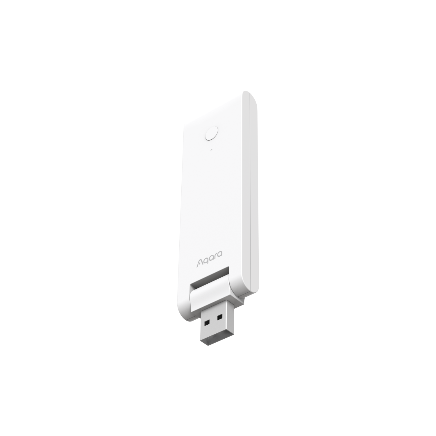 A white Aqara USB hub on a black background. It has a button, USB connector, and the Aqara logo.