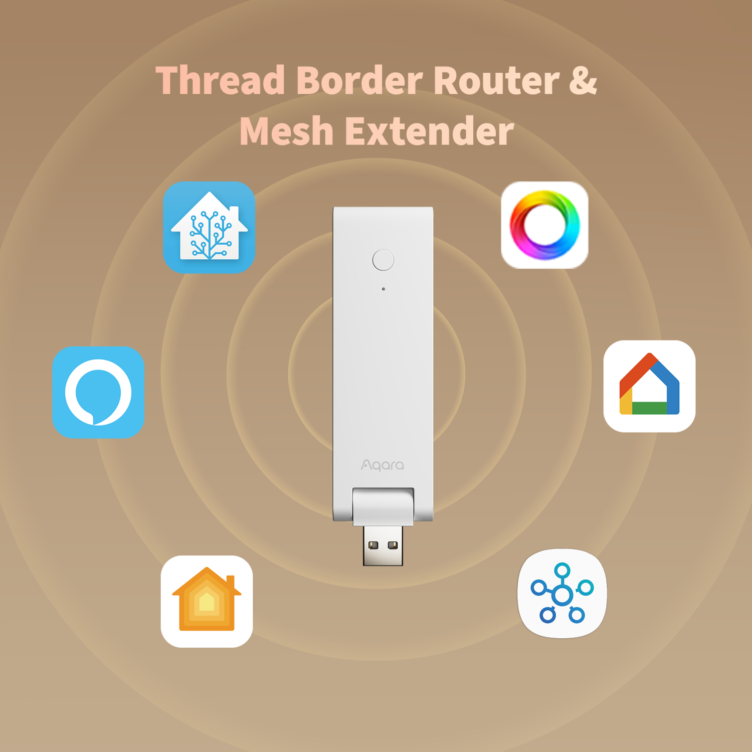 White Aqara Thread Border Router & Mesh Extender with logos of smart home platforms. Background is brown with light circles.