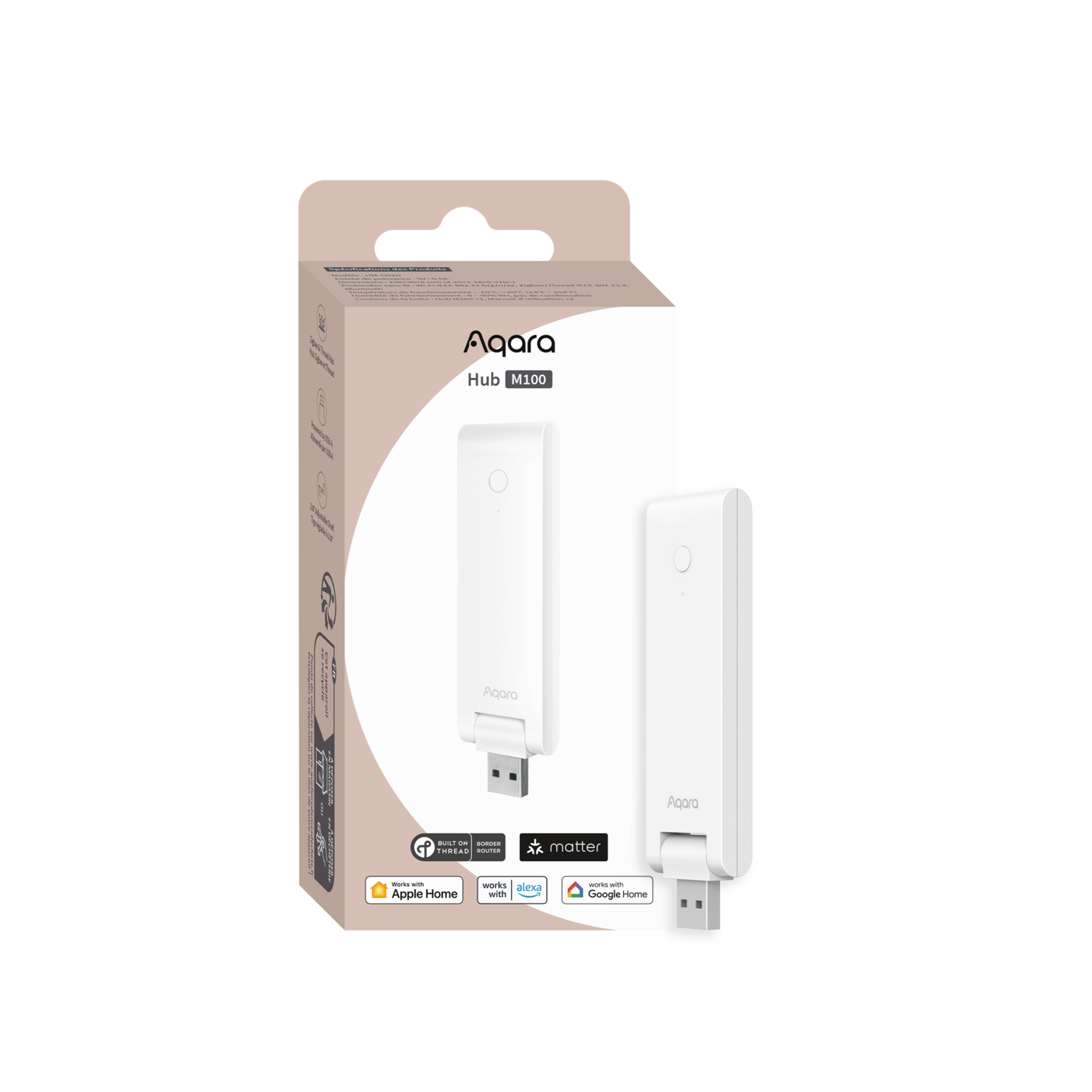 A white Aqara Hub M100 box with two white devices, a USB port, and logos for Apple, Alexa, and Google Home.