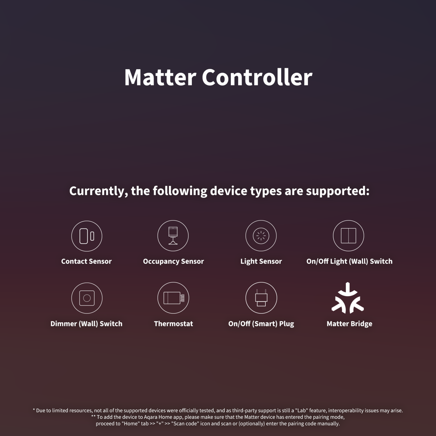 Image with text: Matter Controller. Lists supported device types: Contact, Occupancy, Light sensors, On/Off Switch, Dimmer, Thermostat, Smart Plug, Bridge.