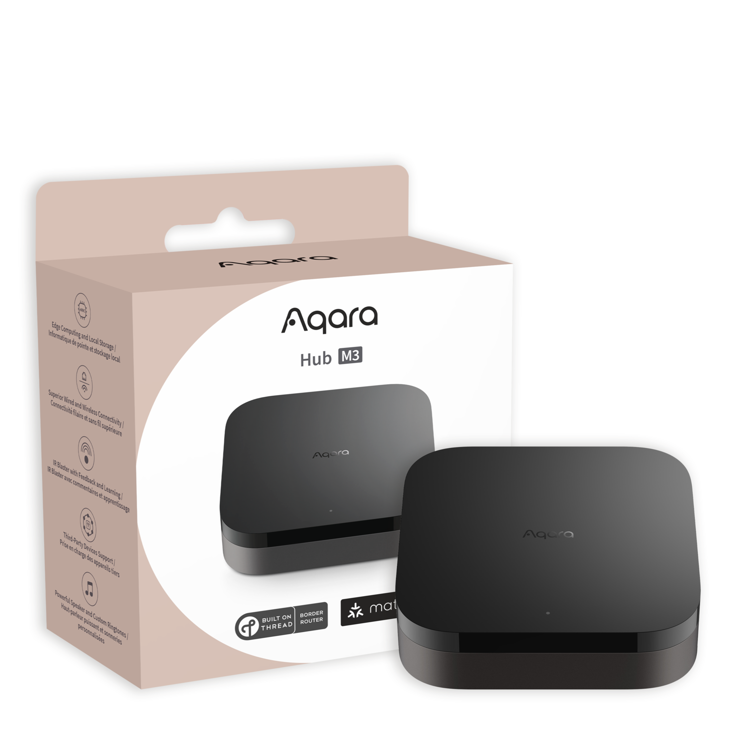 A black Aqara Hub M3 device and its packaging are shown. The box is light brown and features the product name and features.