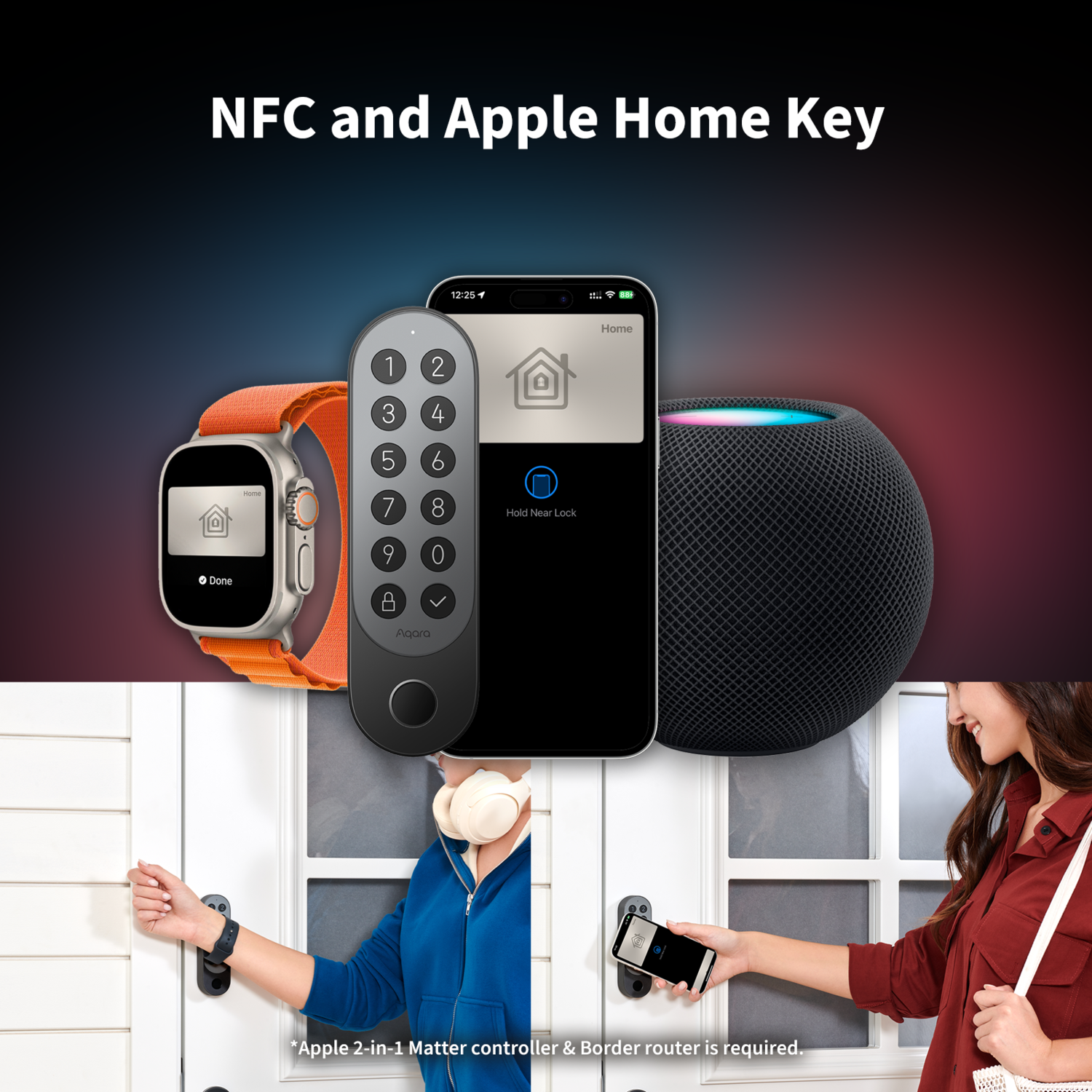 Image shows Apple devices: Watch, HomePod, and phone, with a door lock. People are using devices to unlock a door.