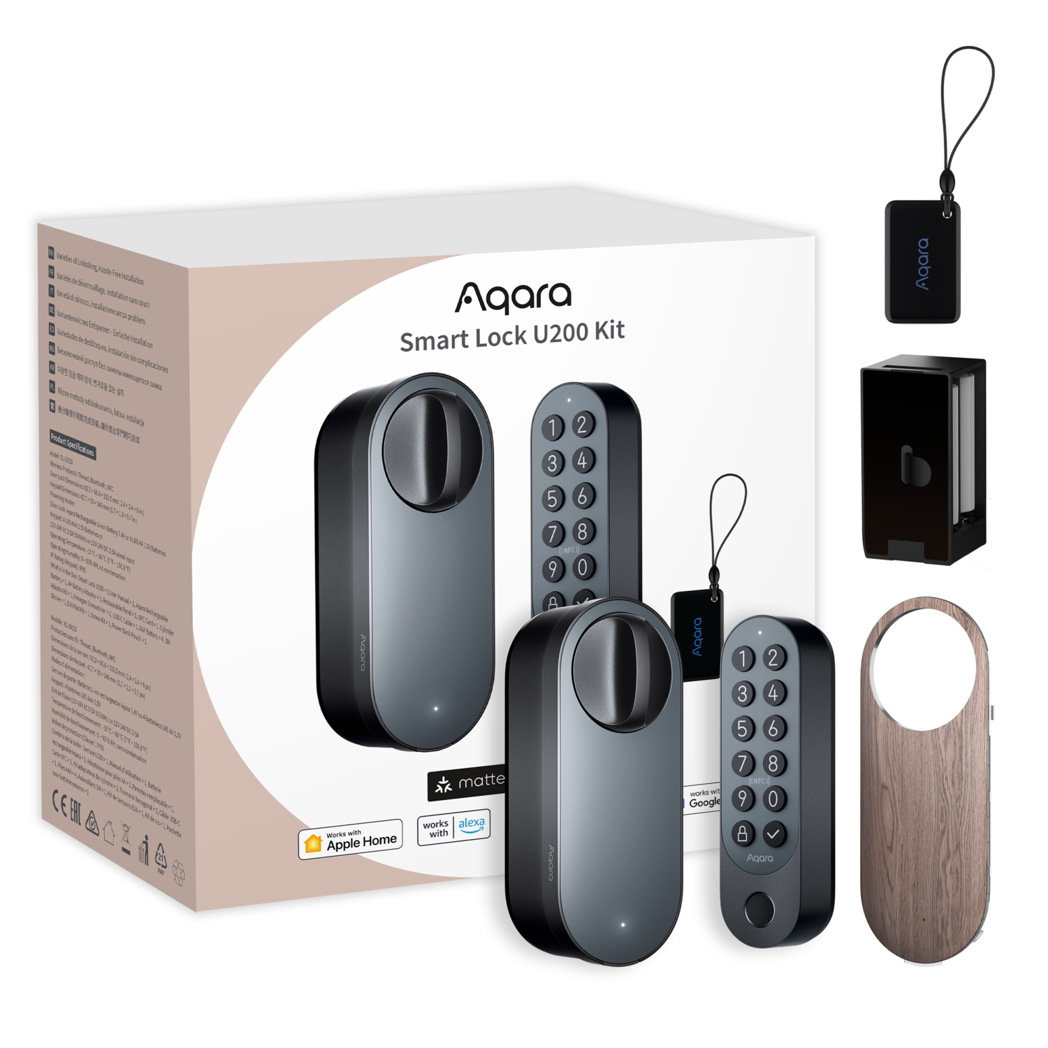 Aqara Smart Lock U200 Kit displayed with keypads, door lock, and accessories, all in black and gray colors.