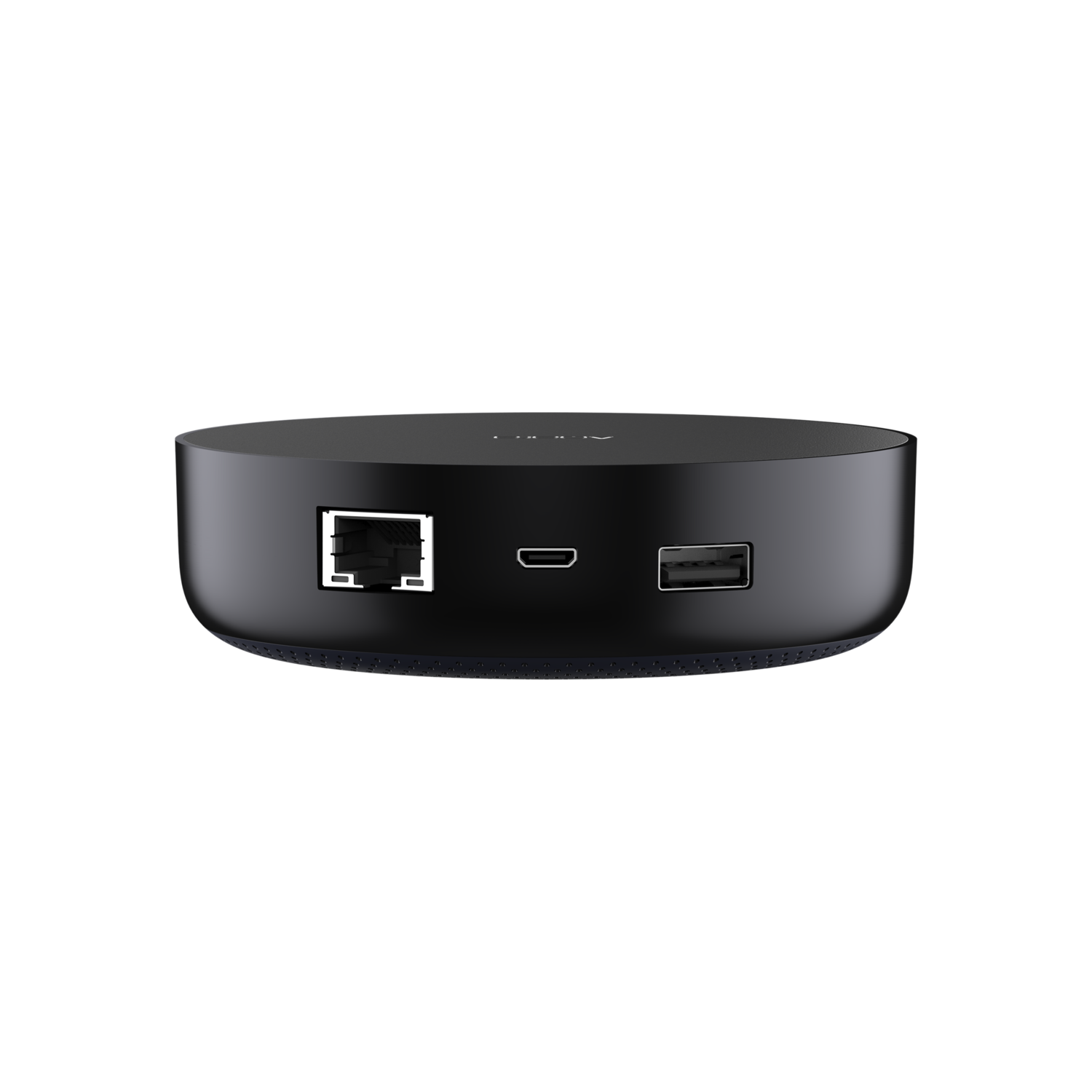 A black, round device with ports: ethernet, USB, and micro-USB. It is centered against a black background.