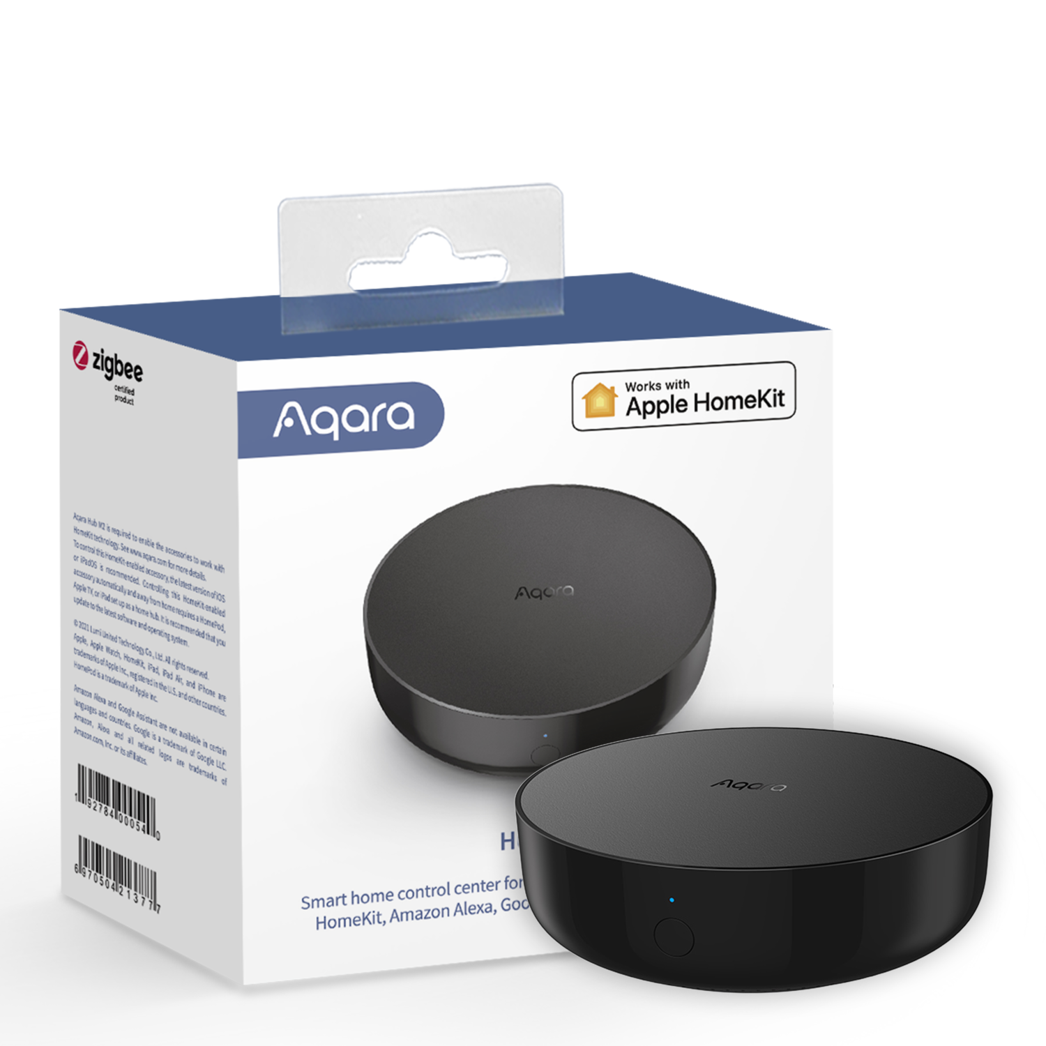 Black Aqara smart home hub box and device, Apple HomeKit logo, Zigbee logo. Text: Smart home control center.