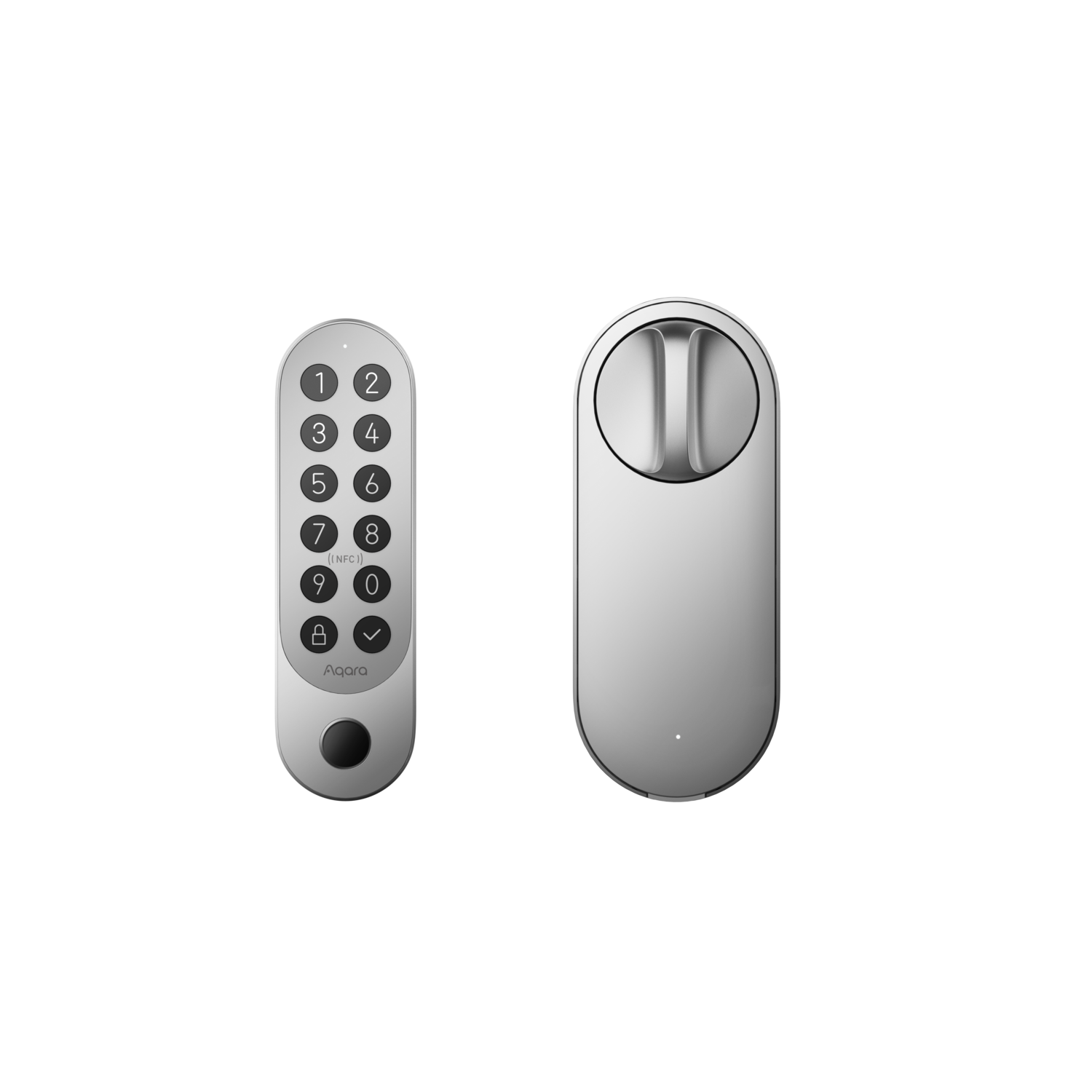 A silver digital keypad with numbers and a lock, and a silver door lock, both on a black background.