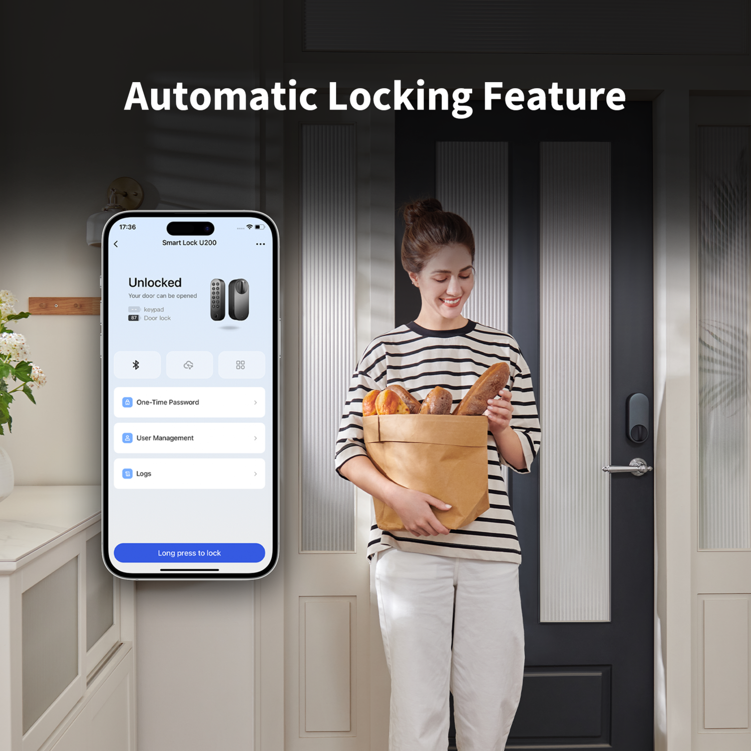 A woman with a paper bag of bread stands by a door. A phone displays a smart lock interface. The door is black and the walls are white.