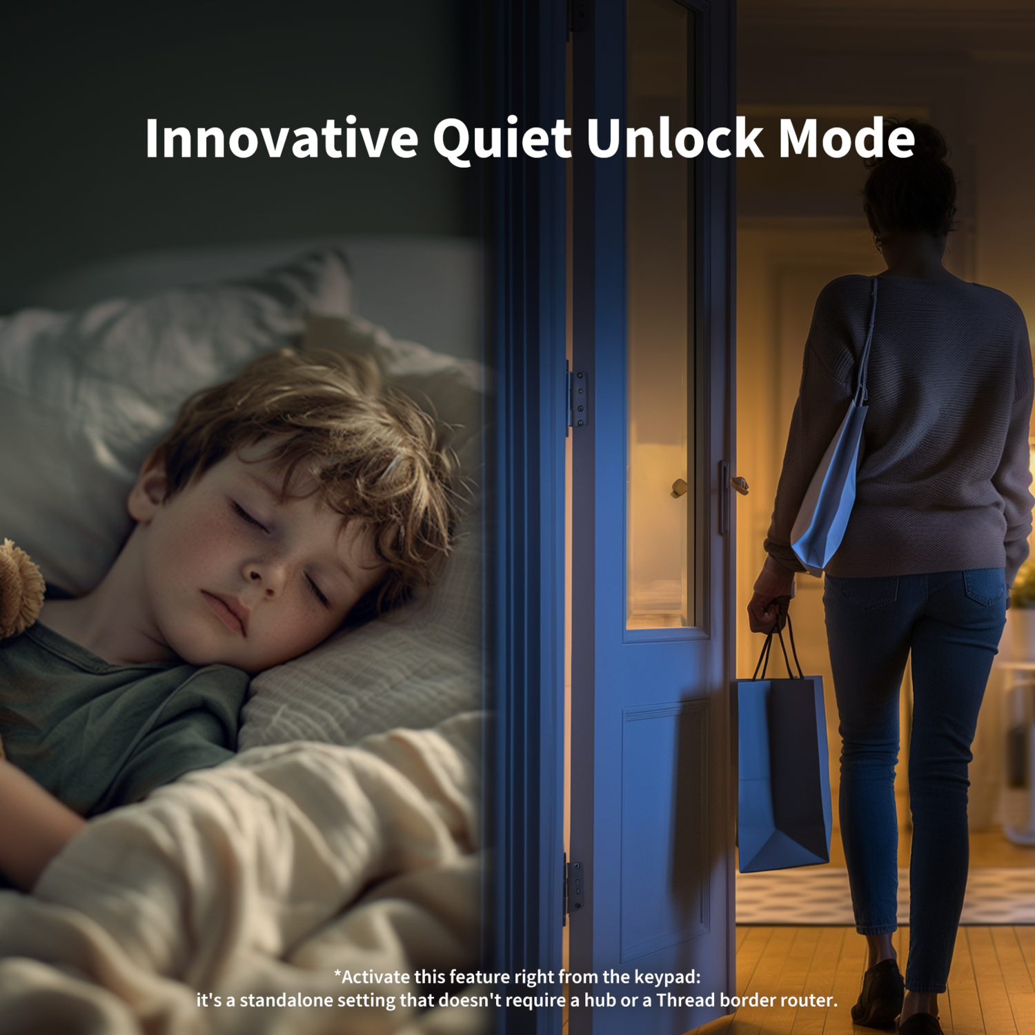 A sleeping child and a woman walking through a door with shopping bags. The text reads: Innovative Quiet Unlock Mode.