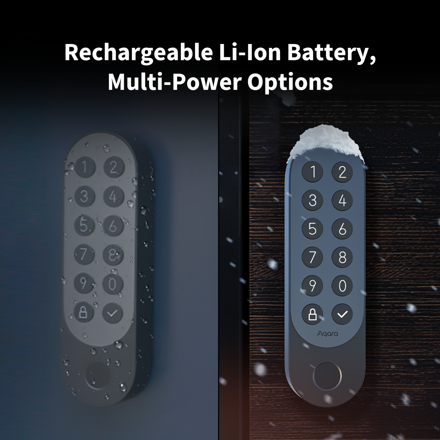 Two digital locks with number pads. One is wet, the other has snow on top. Both have the Aqara brand.