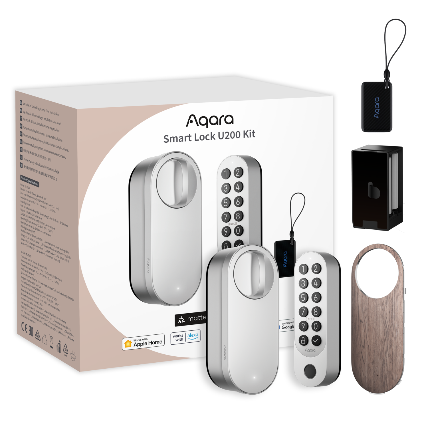 Aqara Smart Lock U200 Kit shown with lock, keypad, tag, and door handle. White box with features listed.