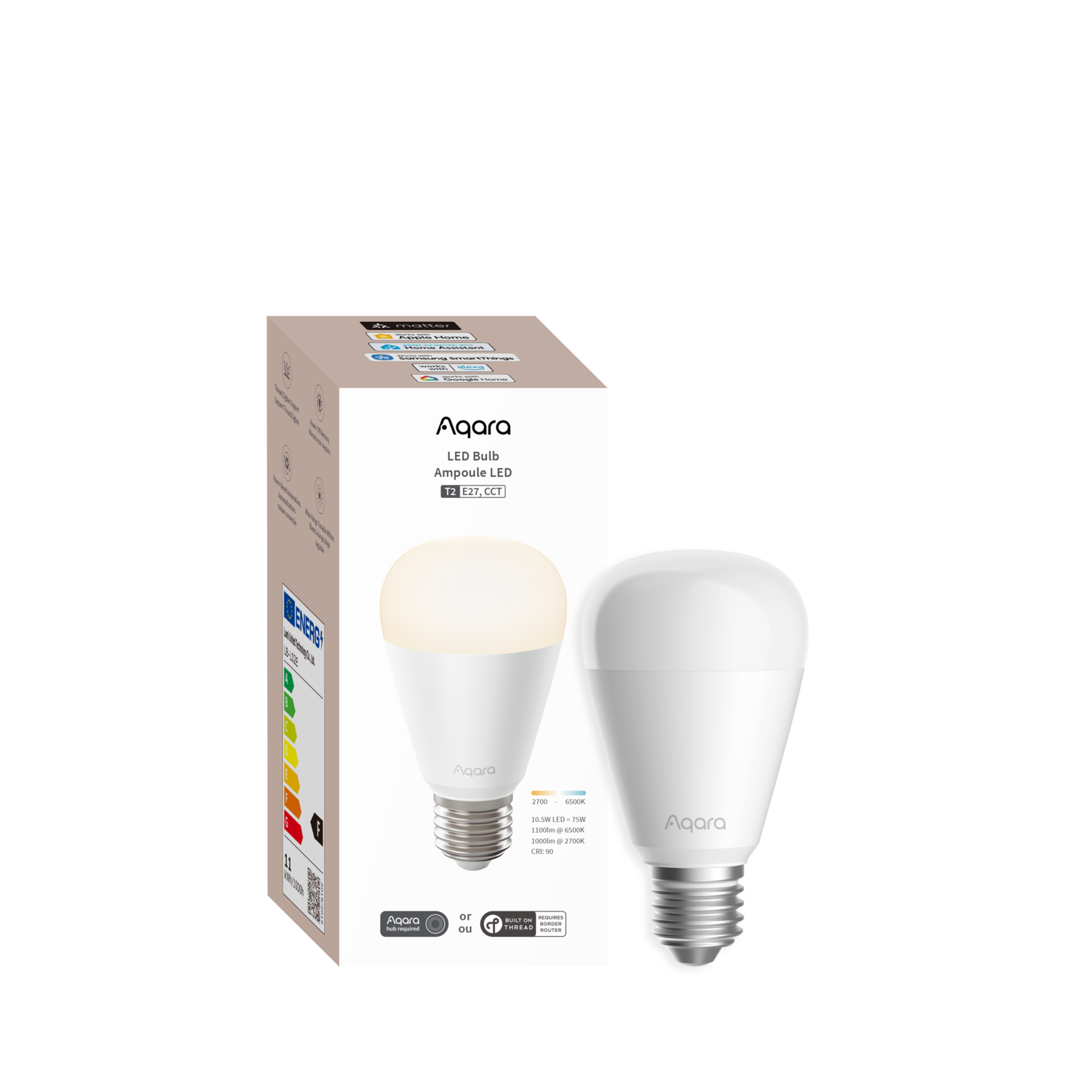 An Aqara LED bulb and its packaging are shown. The bulb is white with a silver base. The box displays product details.