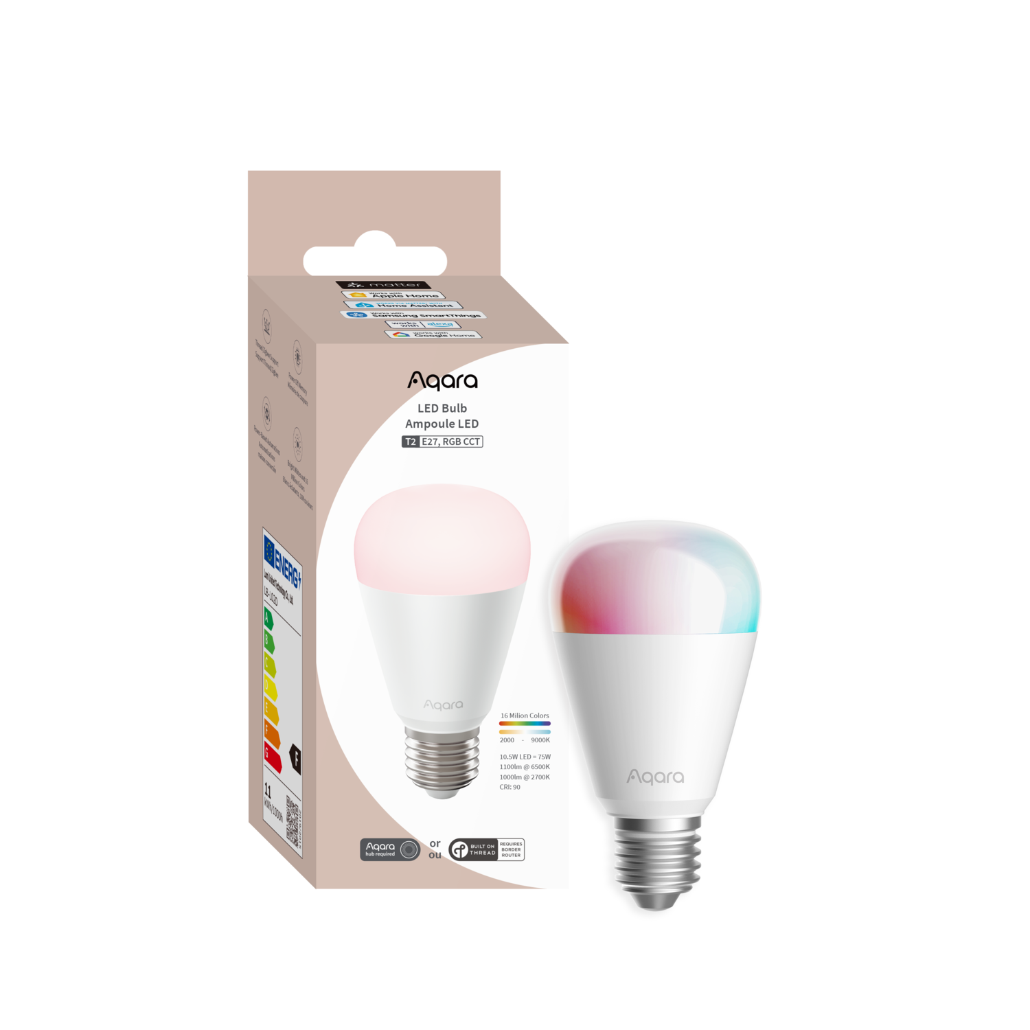 A white Aqara LED bulb in front of the product packaging. The bulb has a colorful glow. Packaging details are visible.