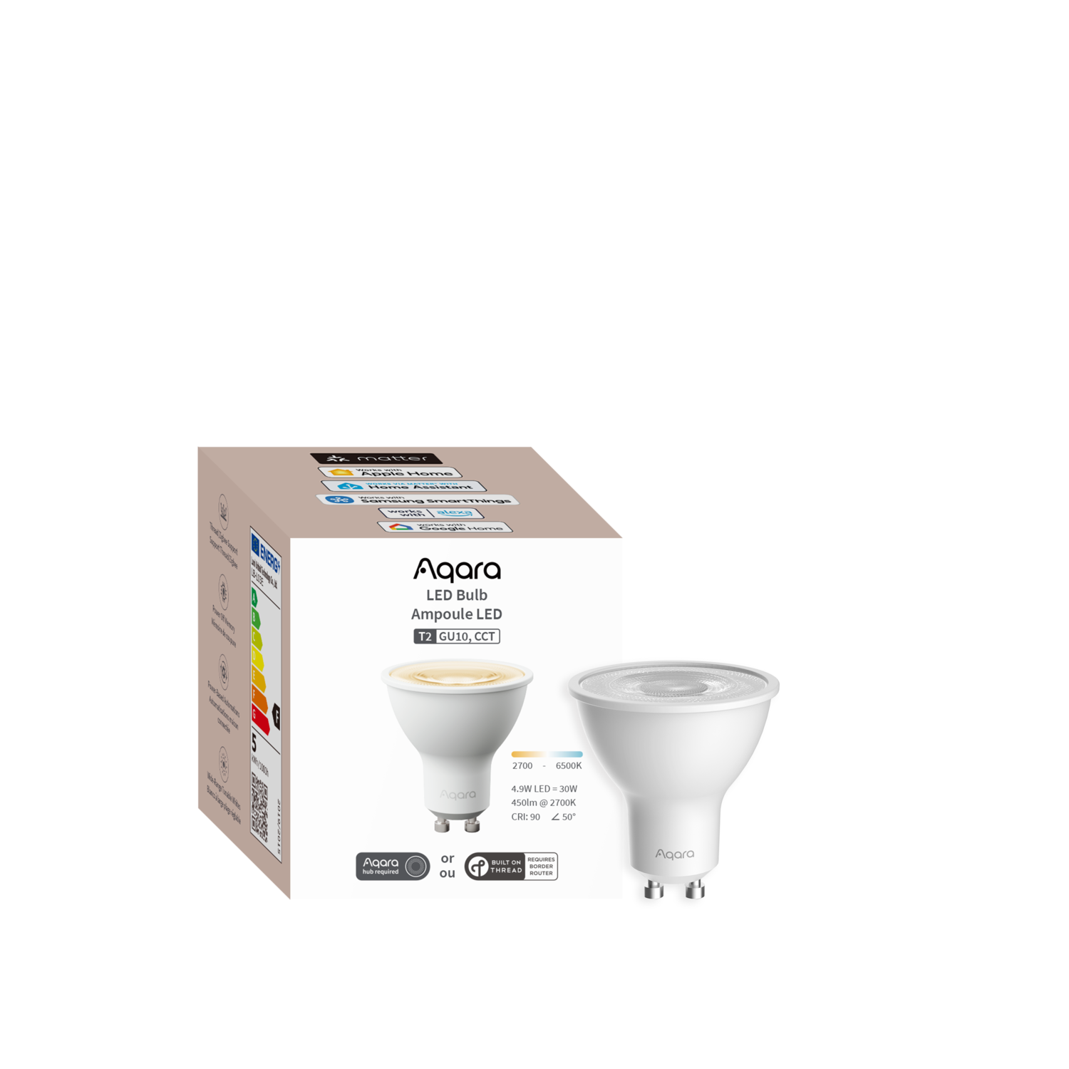 Aqara LED bulb box. Shows the bulb and compatibility logos. White background.