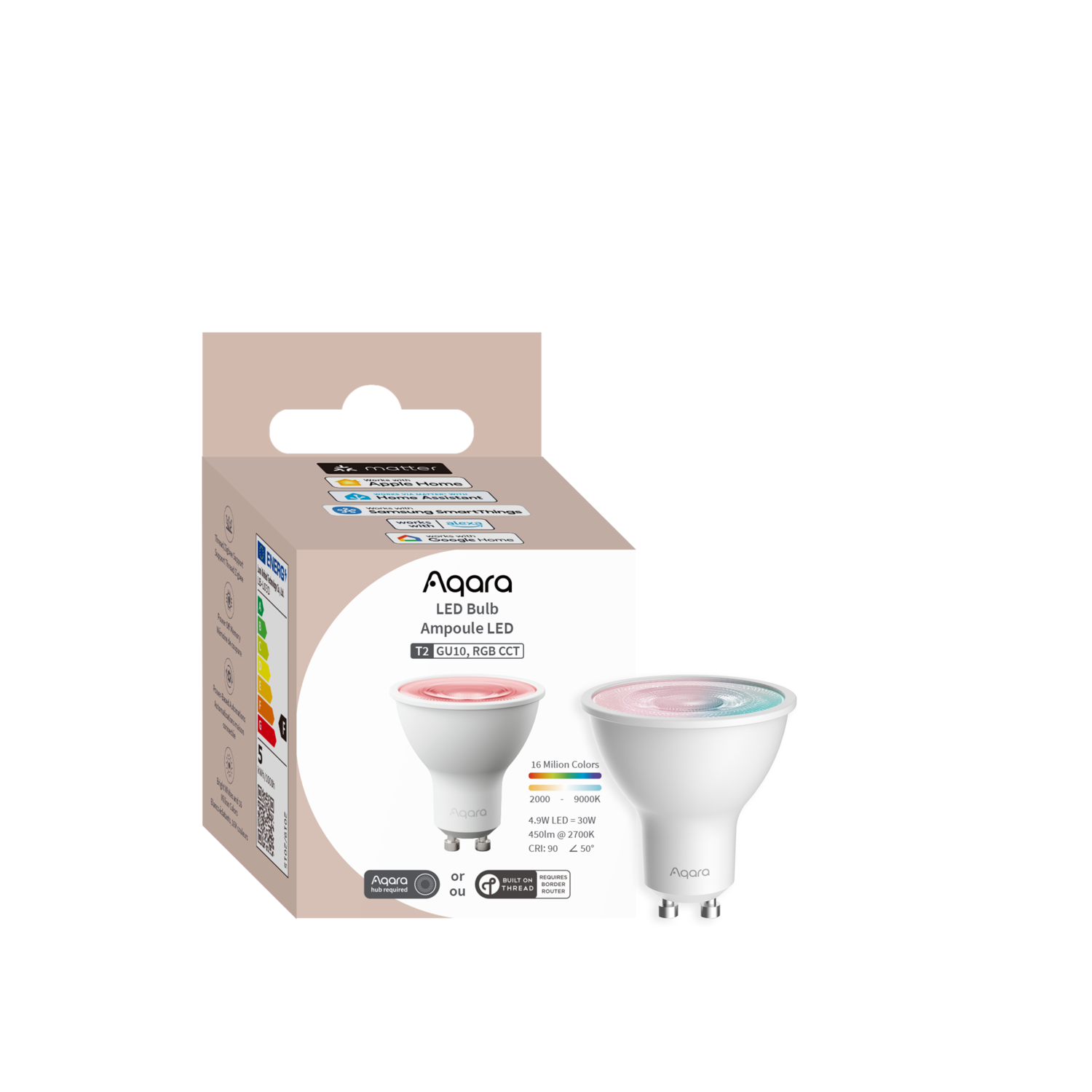 A white Aqara LED bulb in its box. The bulb is on, showing red and multicolored light. Text on the box describes its features.