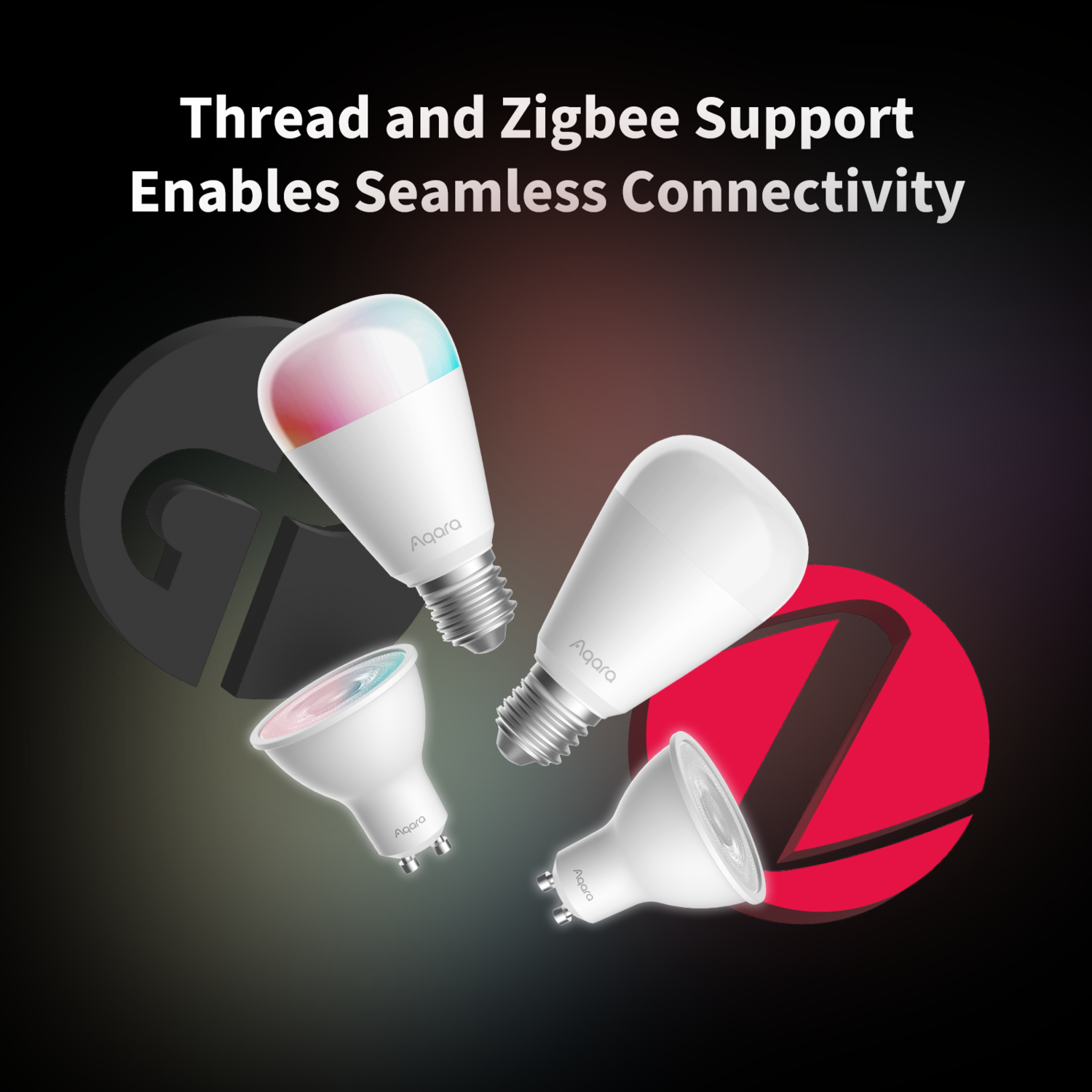 Image shows four Aqara smart light bulbs against a black background, with large gray and red stylized letter Zs.