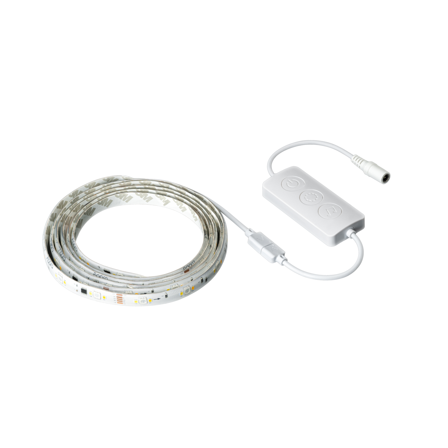 A white LED strip light with a control box. The strip is coiled. The control box has power, brightness, and music buttons.