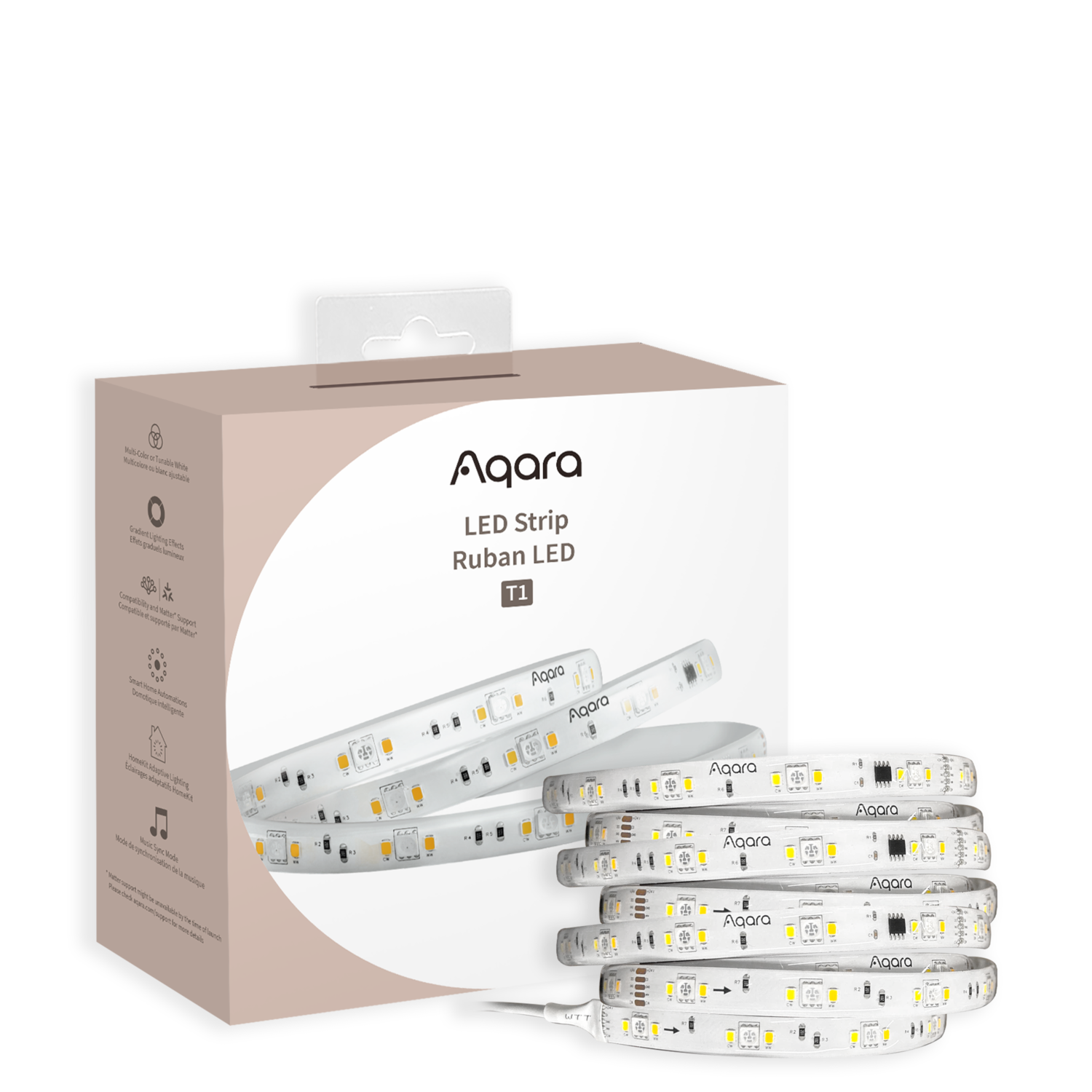 Aqara LED Strip box and strips. The box has product features listed. The strips are white with yellow lights and have the Aqara logo on them.