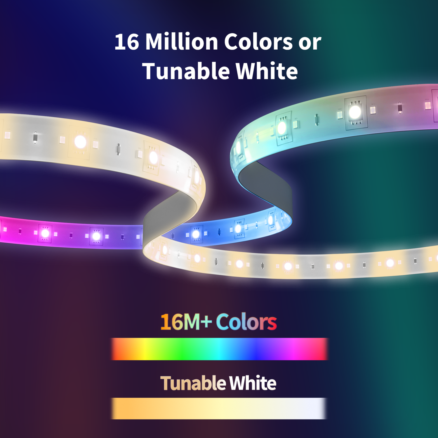 LED strip displays various colors, including a spectrum and white. Text indicates 16 million colors or tunable white options.