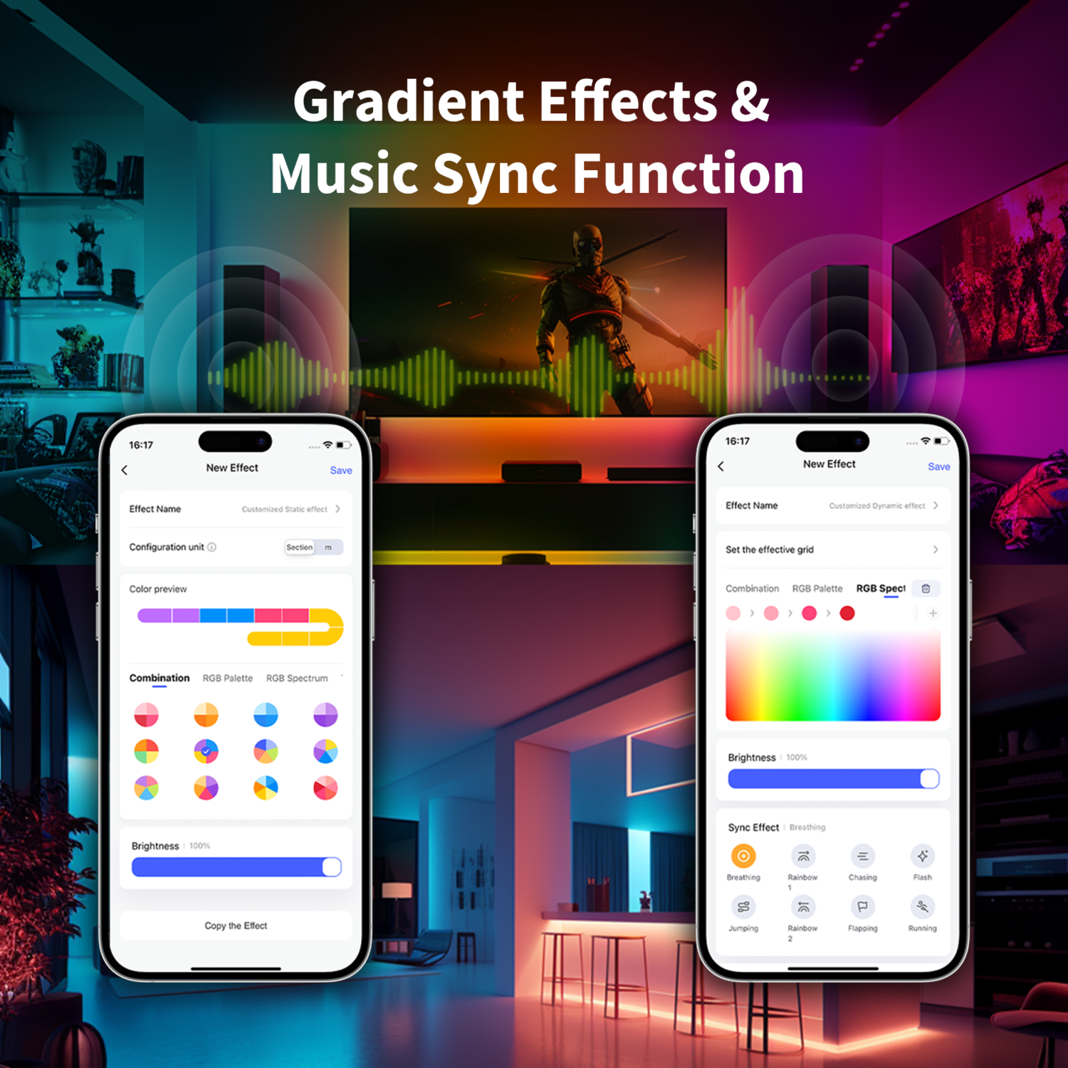 Two phones display lighting app interfaces. One shows color options, the other sync effects like breathing and rainbow.