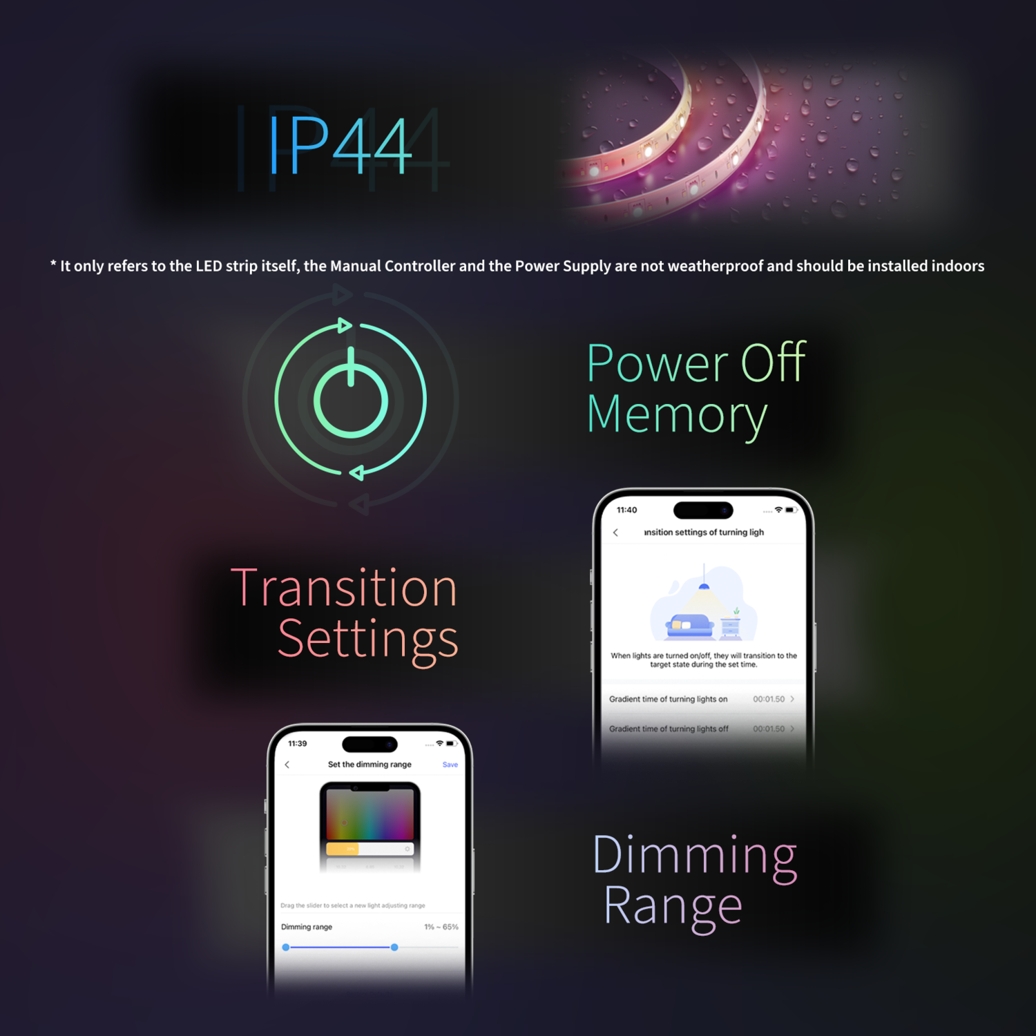 Image shows LED strip details, power off memory, transition settings, and dimming range options on a phone screen.