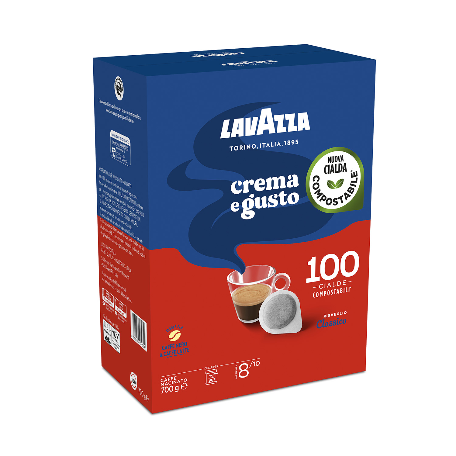 Scatola di cialde di caffè Lavazza crema e gusto. Ha un'illustrazione di tazza di caffè e testo. Schema di colori blu e rosso.