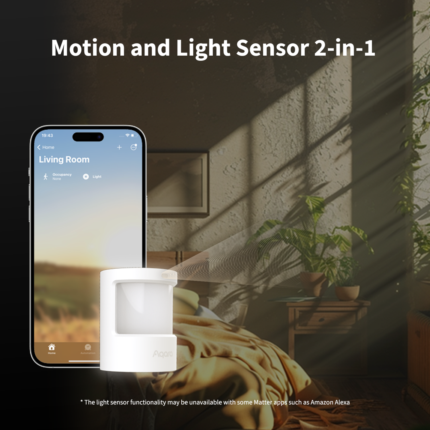 A white motion and light sensor, a phone displaying a smart home app, and plants are in a sunny room.