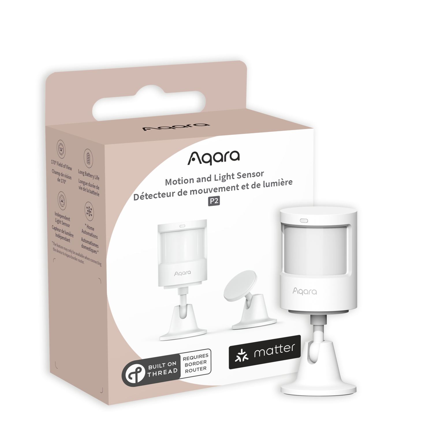 A white Aqara Motion and Light Sensor P2 box.  Features include 170° field of view, long battery life, built on thread, and requires a border router.