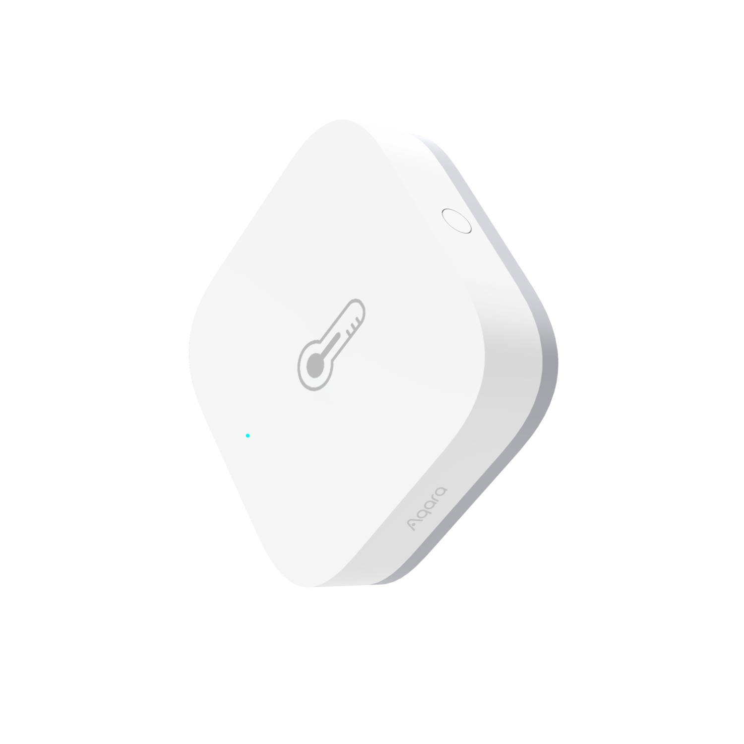 A white, diamond-shaped Aqara temperature sensor. It has a thermometer icon, a button, and a blue light. Black background.