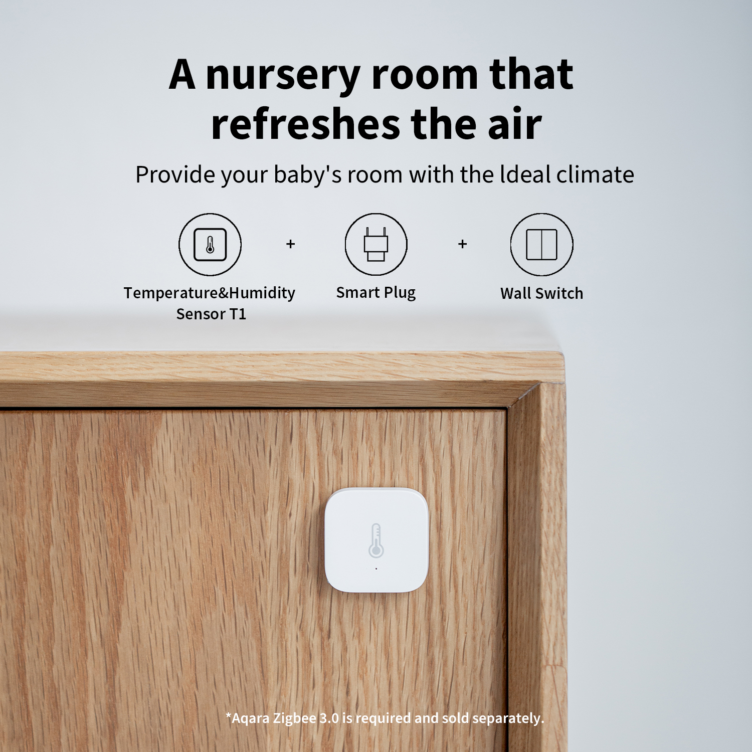 A white temperature sensor is mounted on a wooden cabinet. Text above describes a nursery room that refreshes the air.