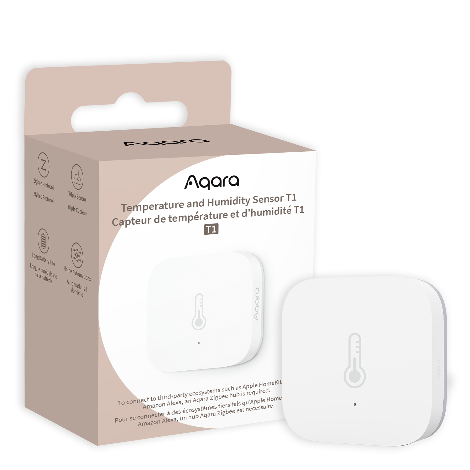 A white Aqara temperature and humidity sensor T1 with its packaging. The box displays product info and the sensor itself is shown.