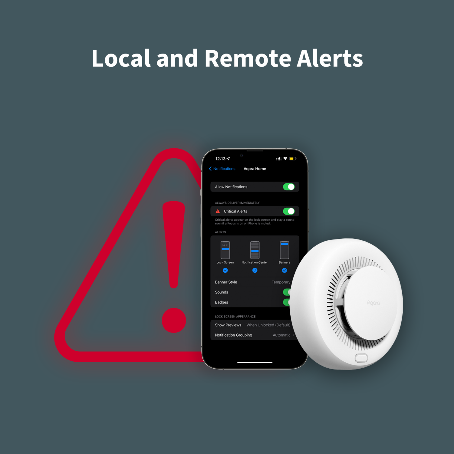 L'image montre un téléphone avec les paramètres de notification, un détecteur de fumée blanc et un point d'exclamation rouge. Le texte en haut dit 'Alertes locales et à distance'.