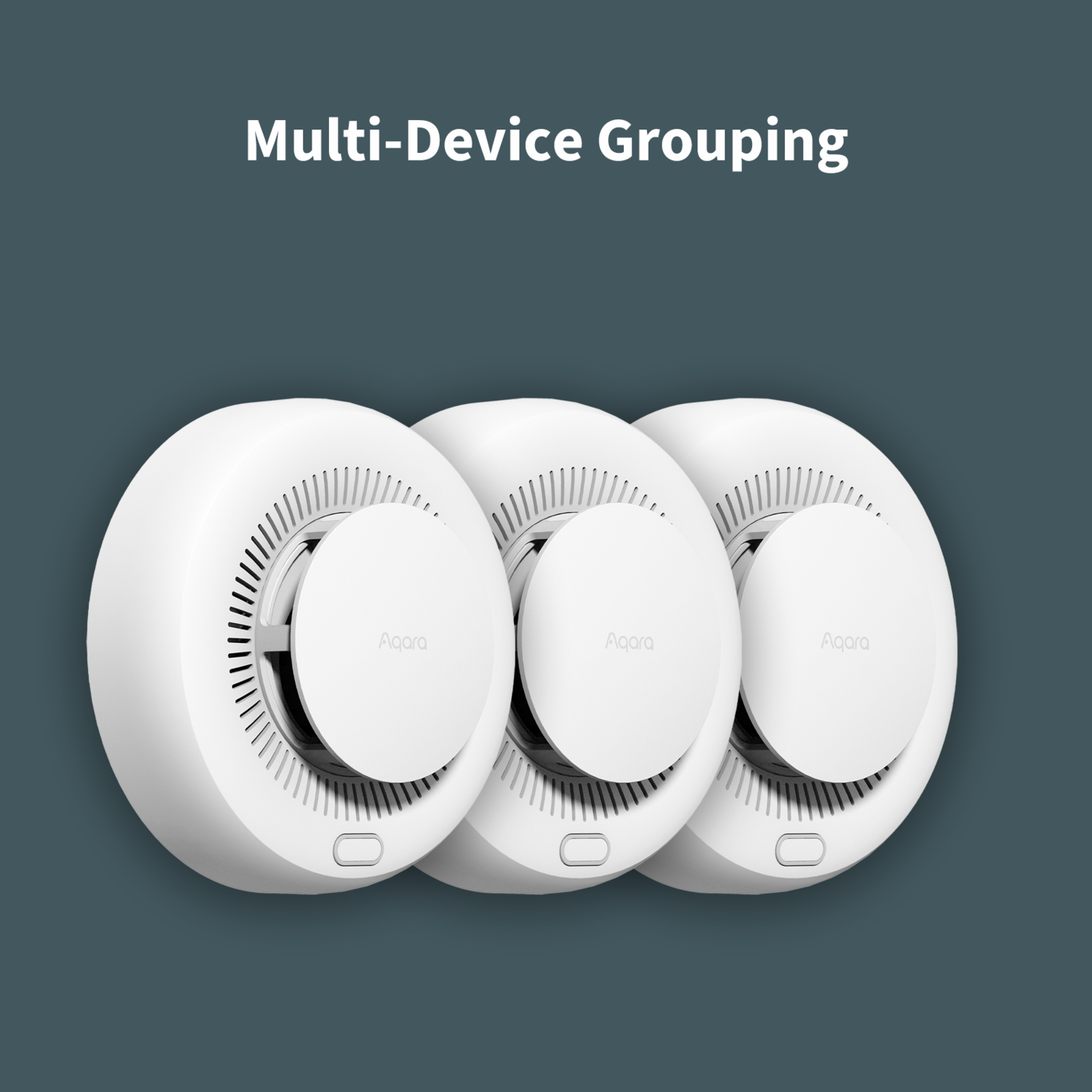 Trois appareils Aqara blancs pour maison intelligente sur fond teal foncé. Texte au-dessus : 'Multi-Device Grouping'.