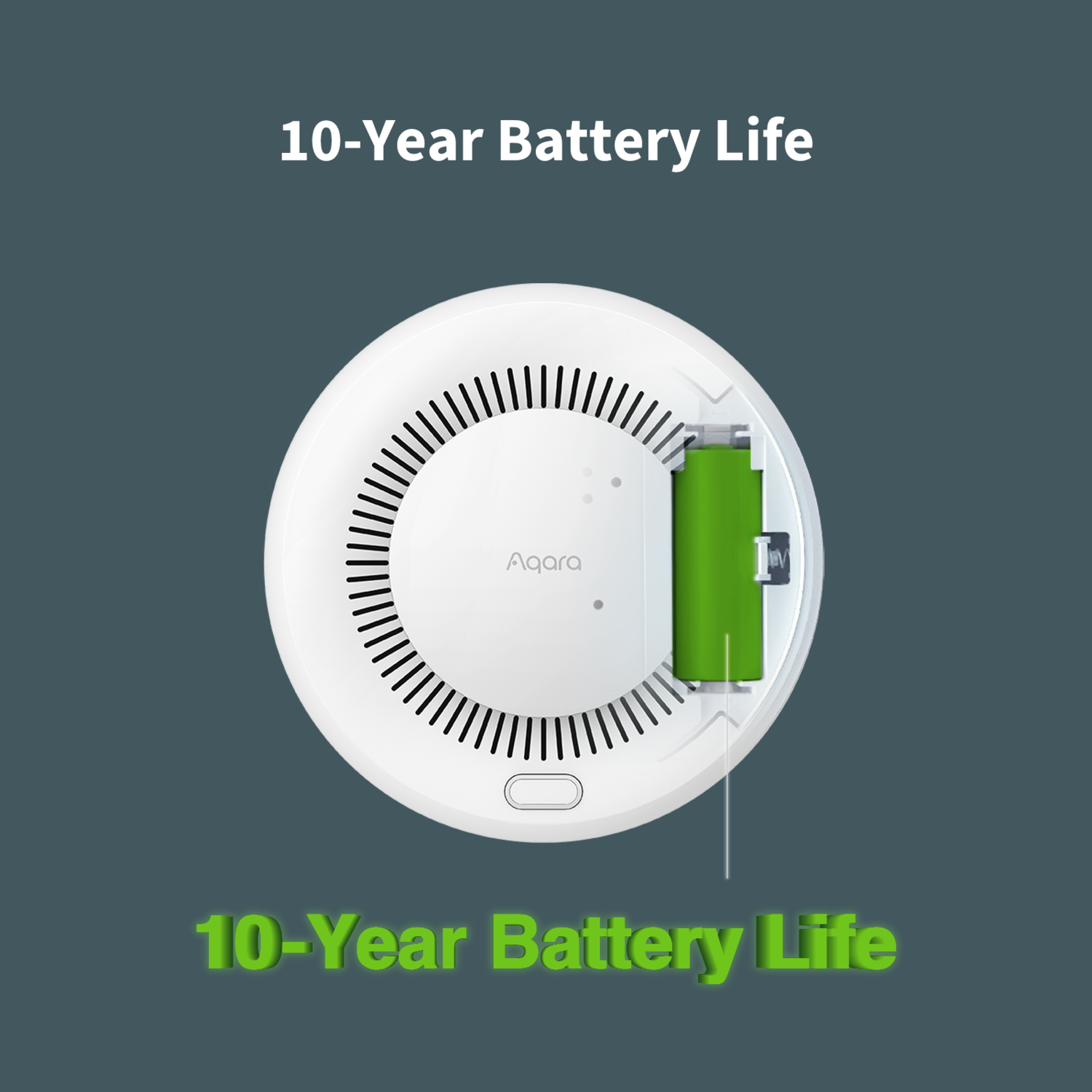 Appareil Aqara blanc avec compartiment batterie ouvert. Batterie verte à l'intérieur et texte '10-Year Battery Life'.