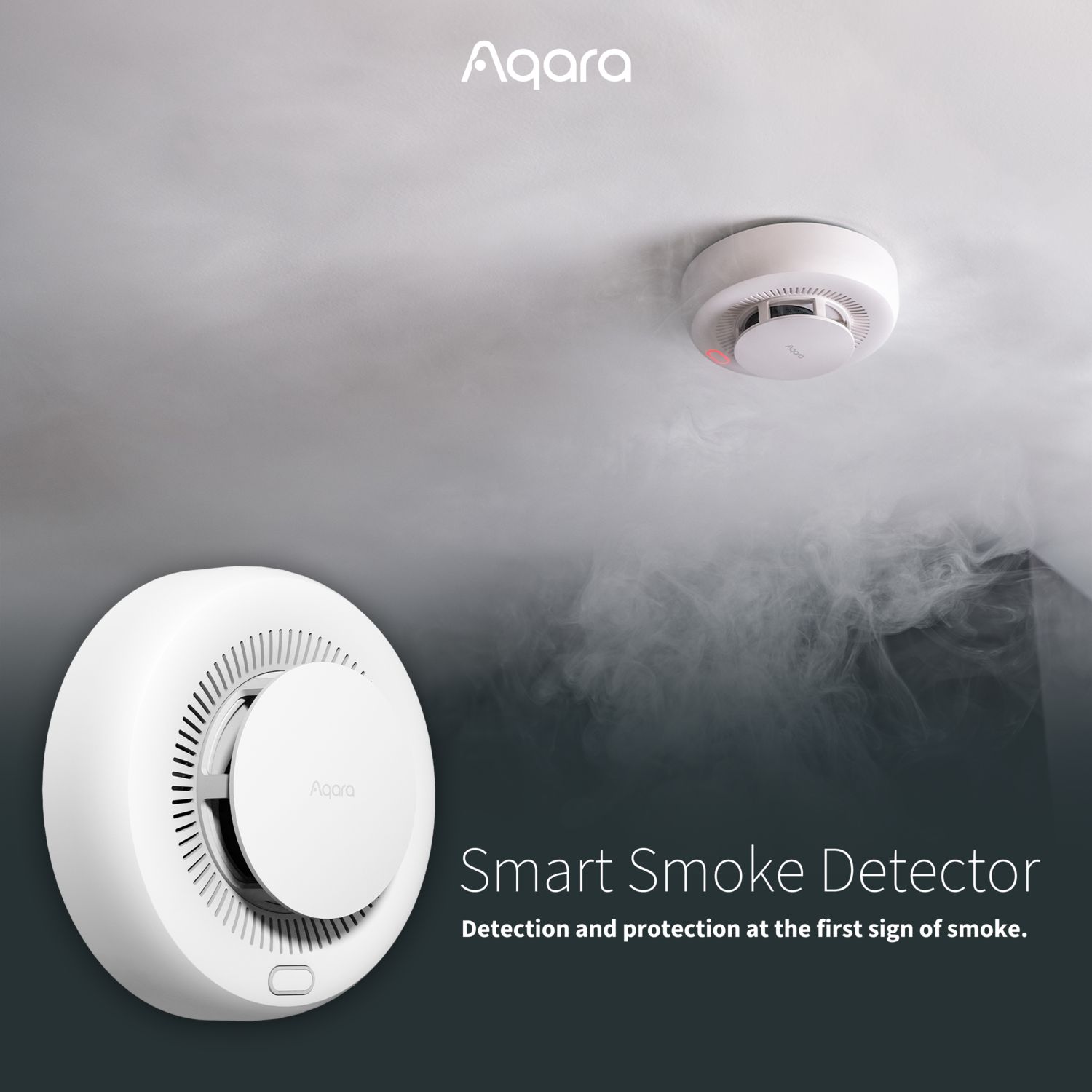 Détecteurs de fumée intelligents Aqara blancs au plafond, avec effet de fumée. Le texte dit 'Smart Smoke Detector'.