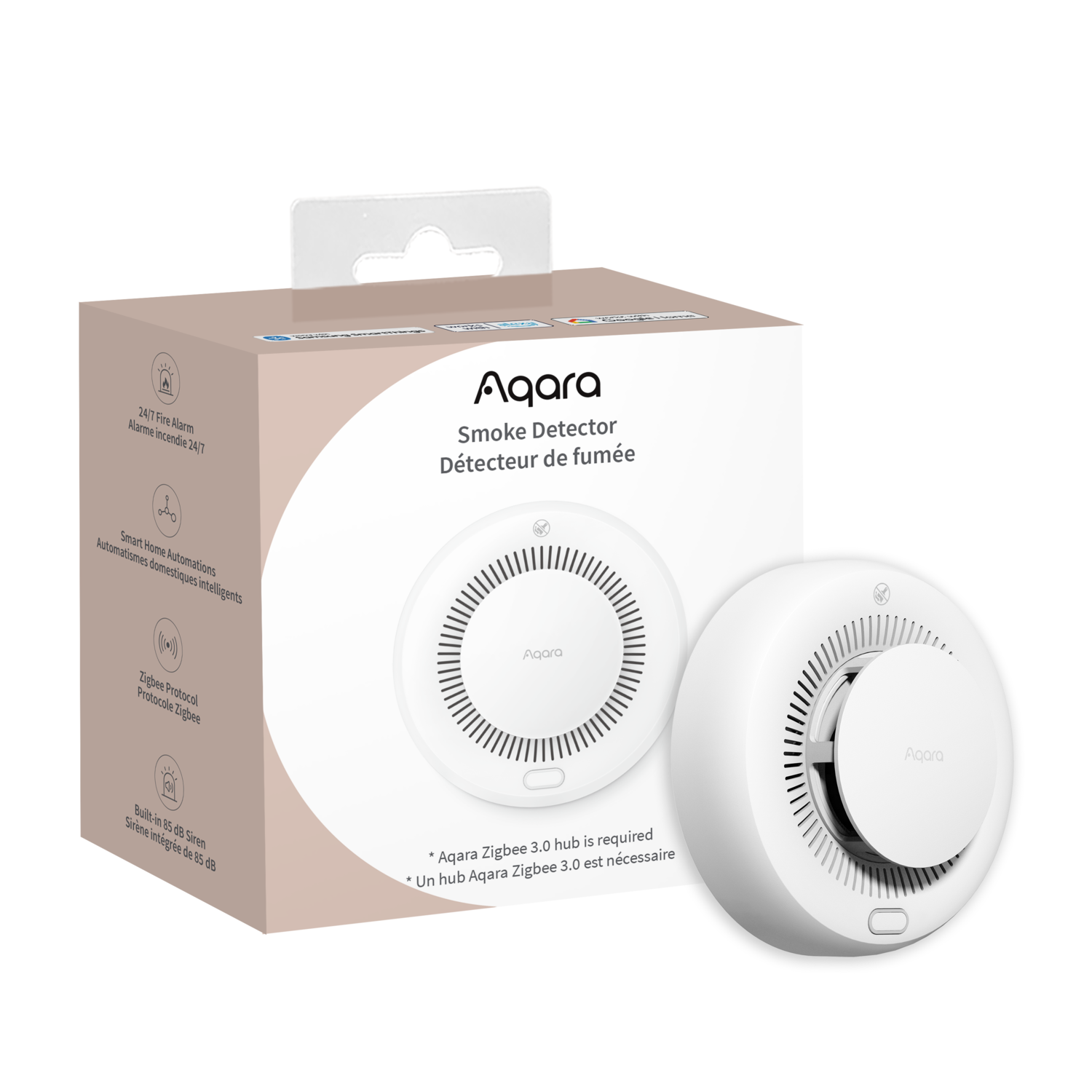 Une boîte et un produit de détecteur de fumée Aqara blancs sont exposés. La boîte montre des informations et des caractéristiques du produit. Le détecteur est rond.
