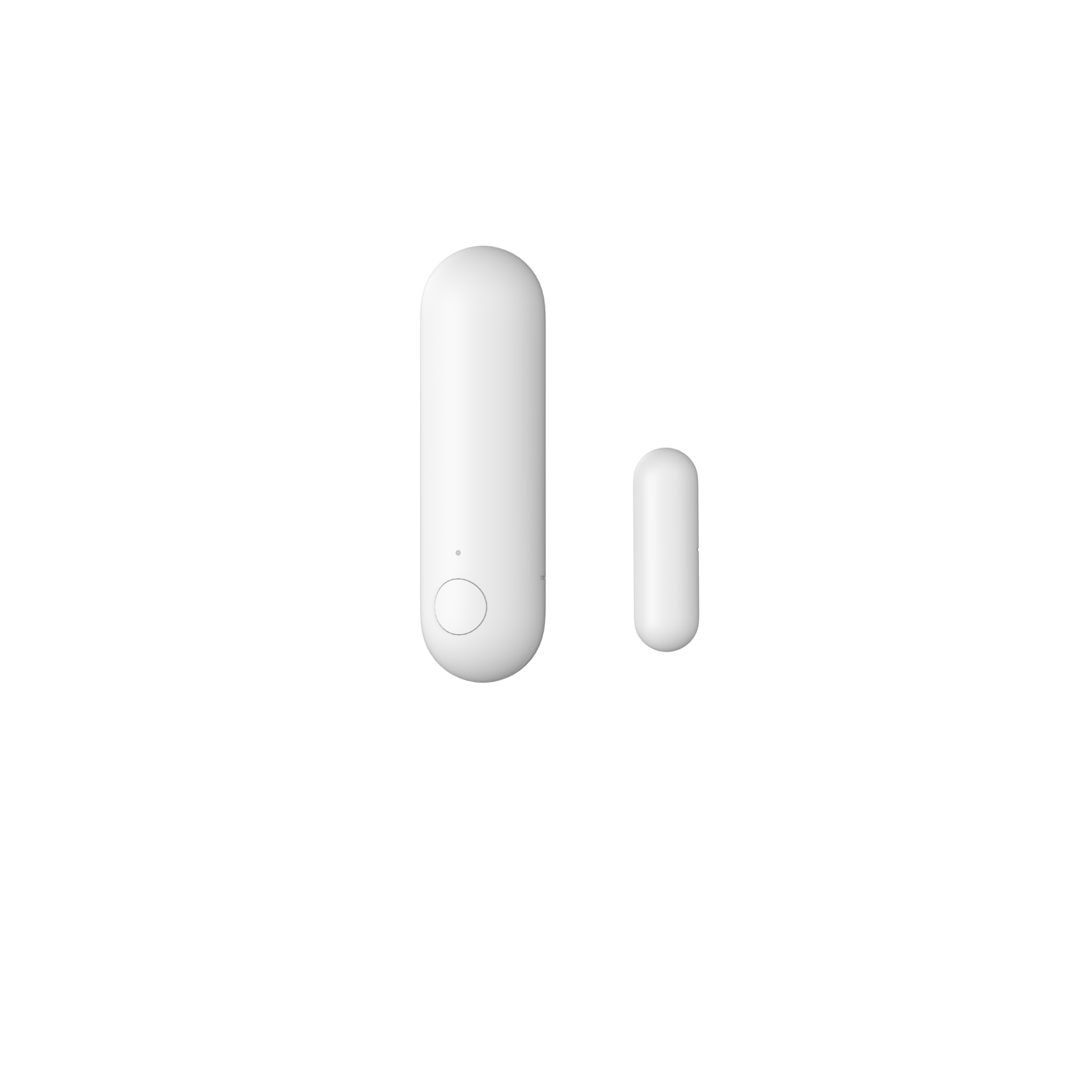 Two white, rounded rectangular devices on a black background. The larger one has a button. The smaller one is next to it.