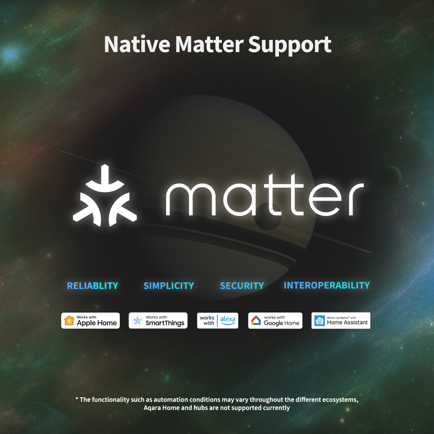 Image promotes 'matter' with logos, and keywords like reliability, simplicity, security, and interoperability, against a space background.