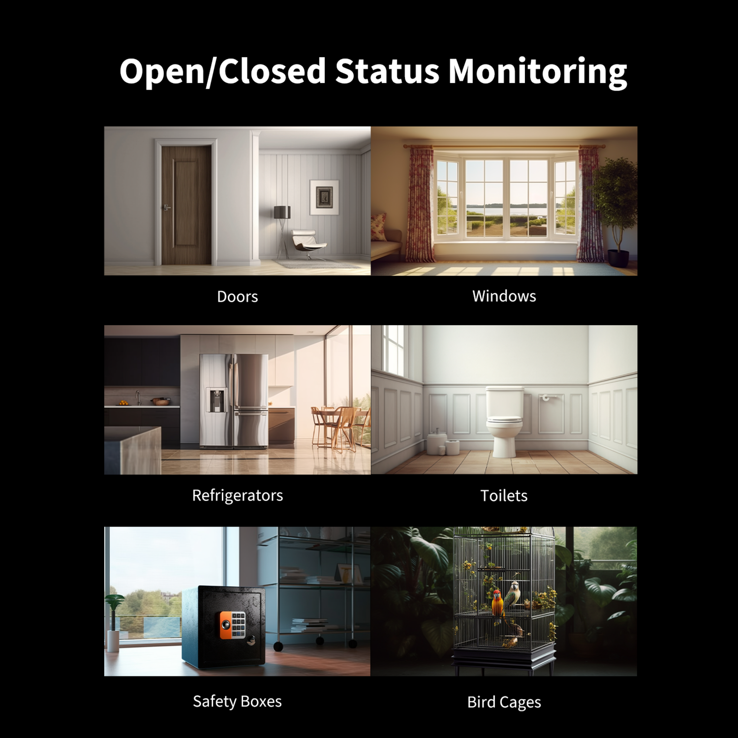 The image shows a door, windows, refrigerator, toilet, safety box, and bird cage. The title is Open/Closed Status Monitoring.