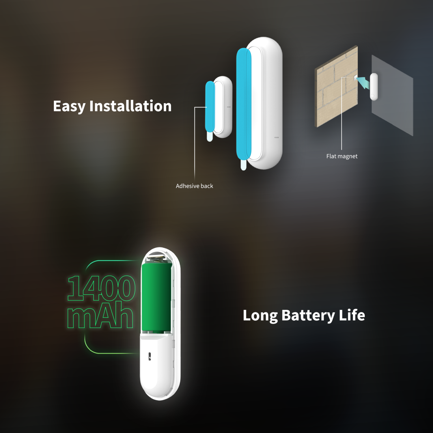 Diagram shows easy installation and long battery life. Device has adhesive back. It is next to a flat magnet. Battery is 1400 mAh.