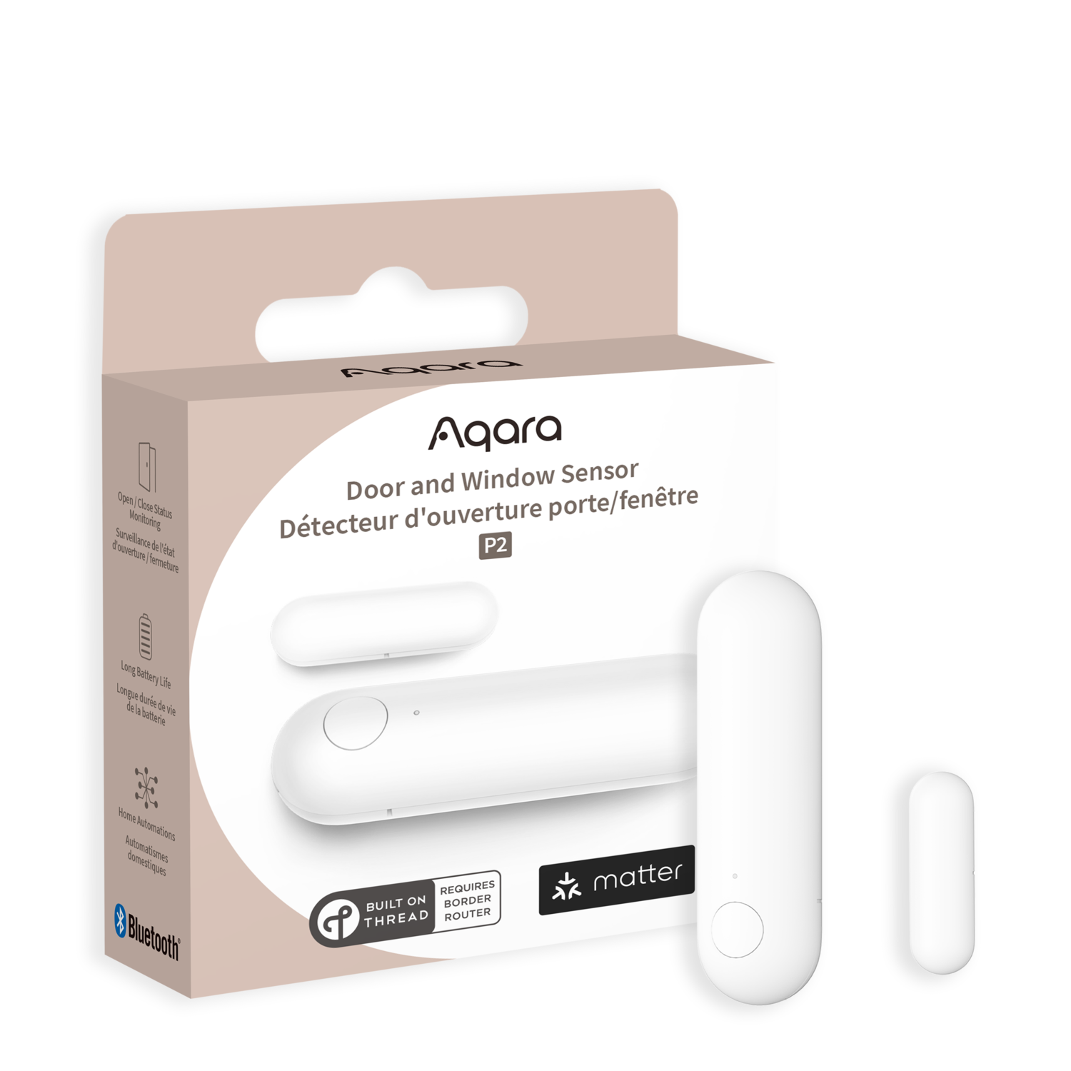 A product box and two white door/window sensors are displayed. The box reads "Aqara Door and Window Sensor P2". Bluetooth and Matter logos are present.