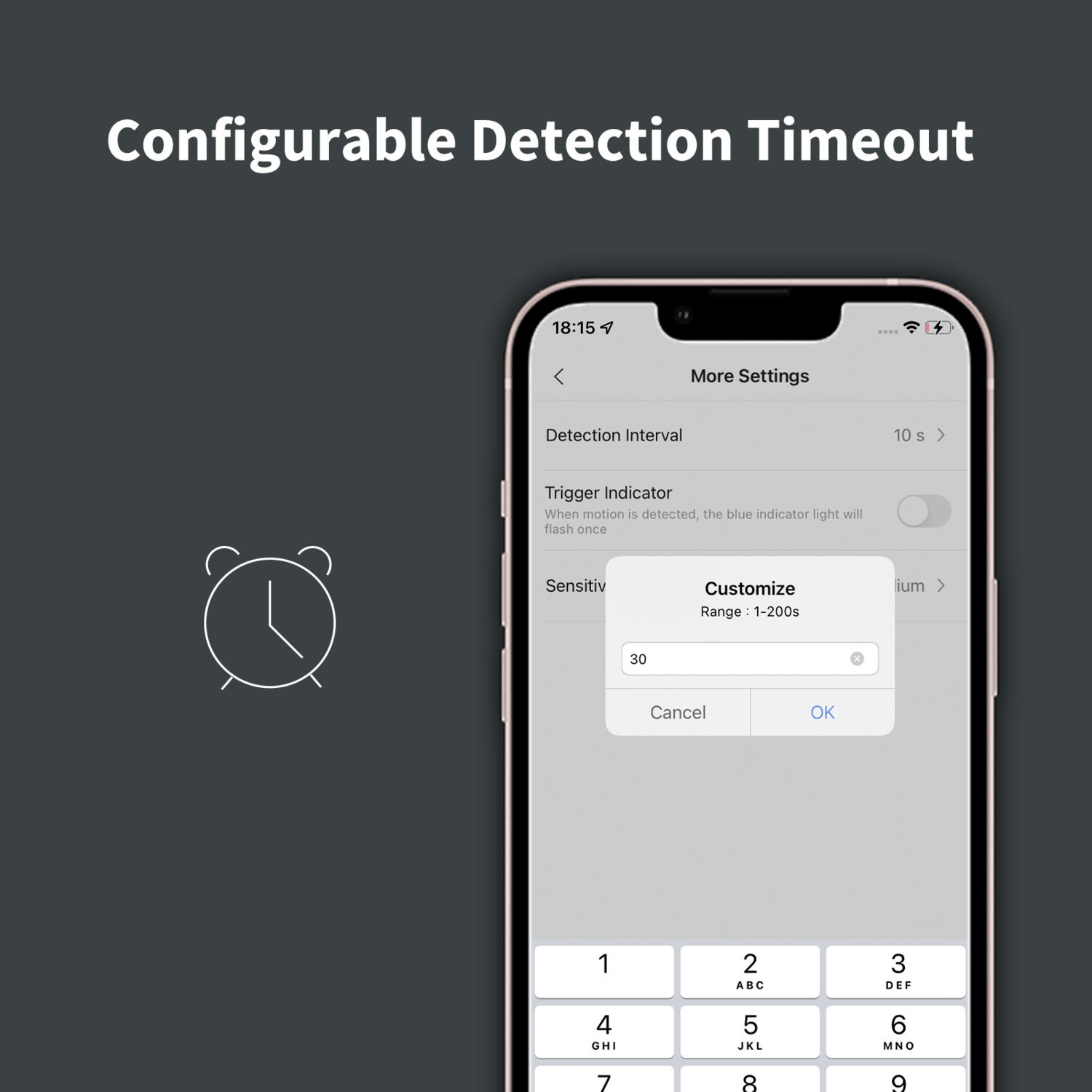 A phone screen showing settings. Text reads 'Detection Interval', and 'Customize' option is open, showing the number '30'.