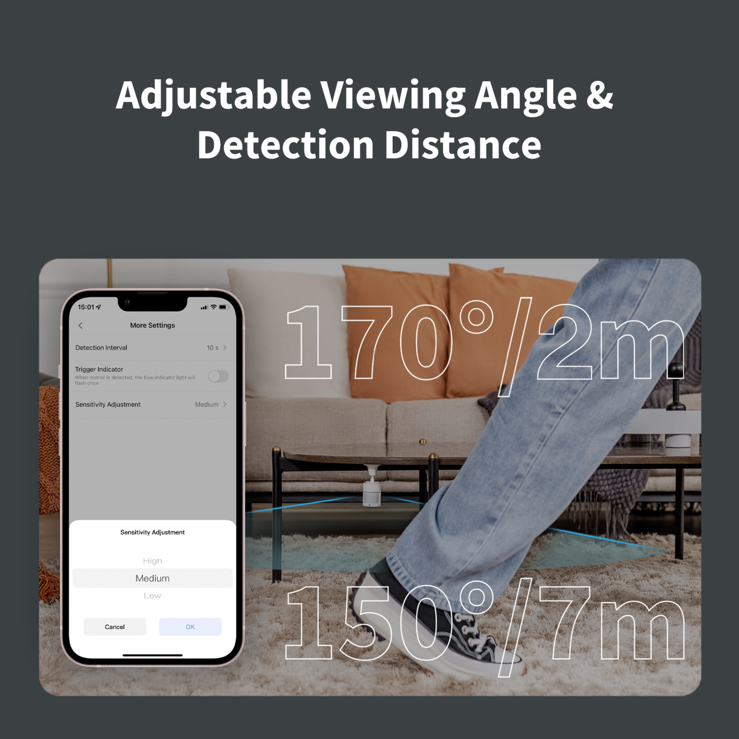 A phone displays settings. A person in jeans and sneakers stands on a carpet. Numbers show viewing angle and detection distance.