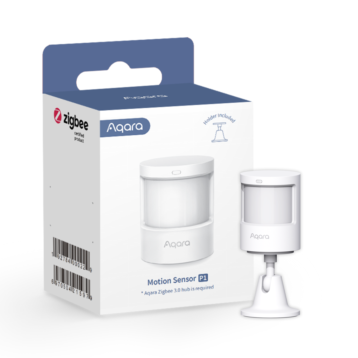 White Aqara Motion Sensor P1 with its box. The box has the product name and Zigbee logo.
