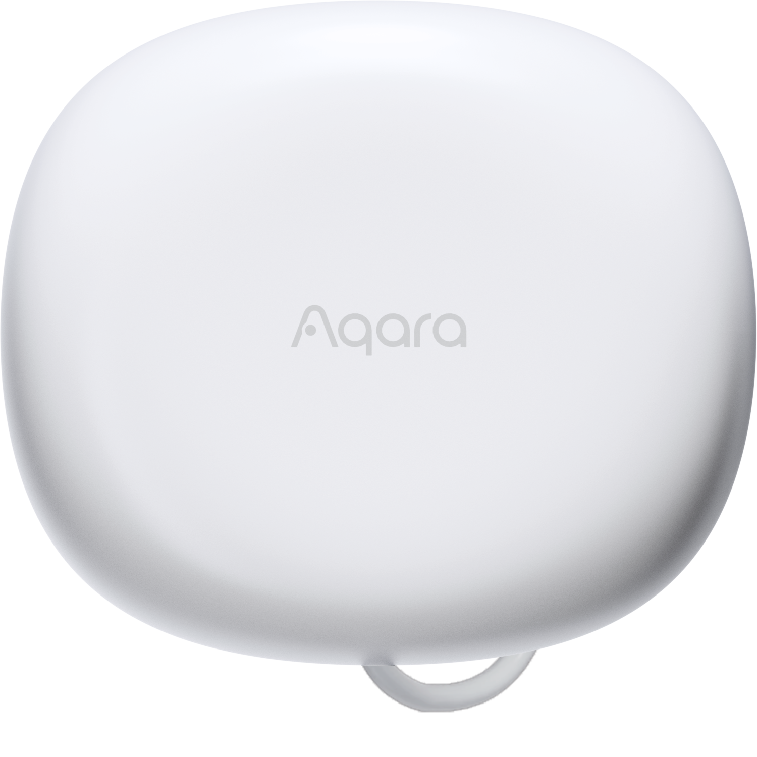 White Aqara device on black background. It has a rounded shape, with the brand name in the center and a loop at the bottom.