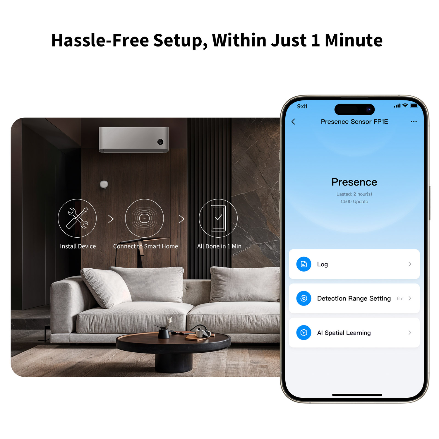 A smartphone showing app interface. A living room scene is on the left side. The text says 'Hassle-Free Setup, Within Just 1 Minute'.