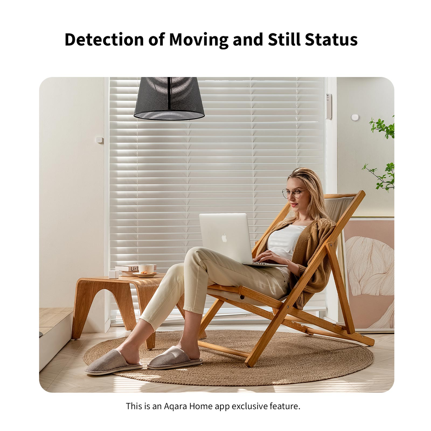 Woman in glasses using laptop, seated in a wooden chair. Room with blinds, rug, lamp, and small table. The app is for Aqara Home.