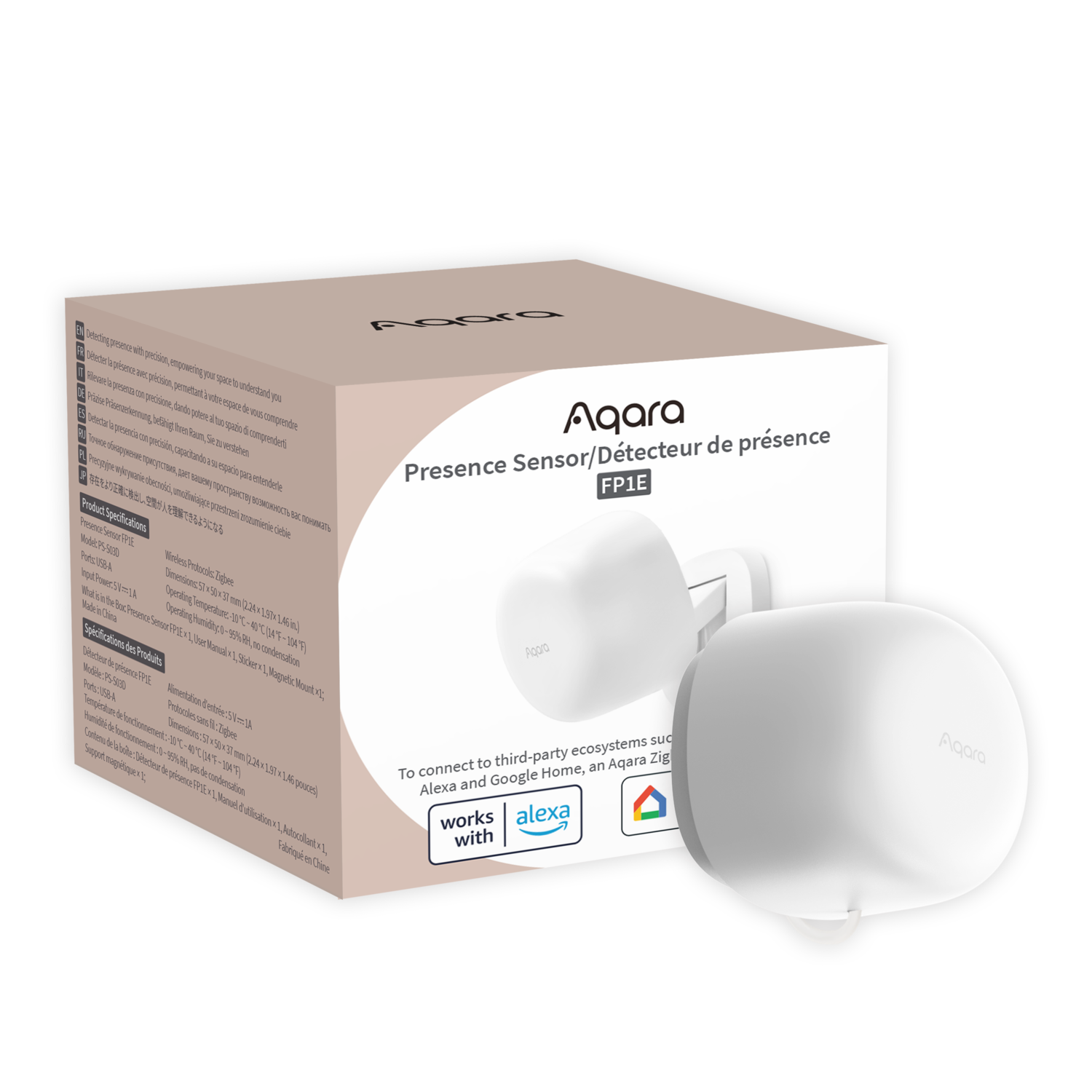 White Aqara Presence Sensor on a white background. The device has rounded edges. Text on the box includes product specs.