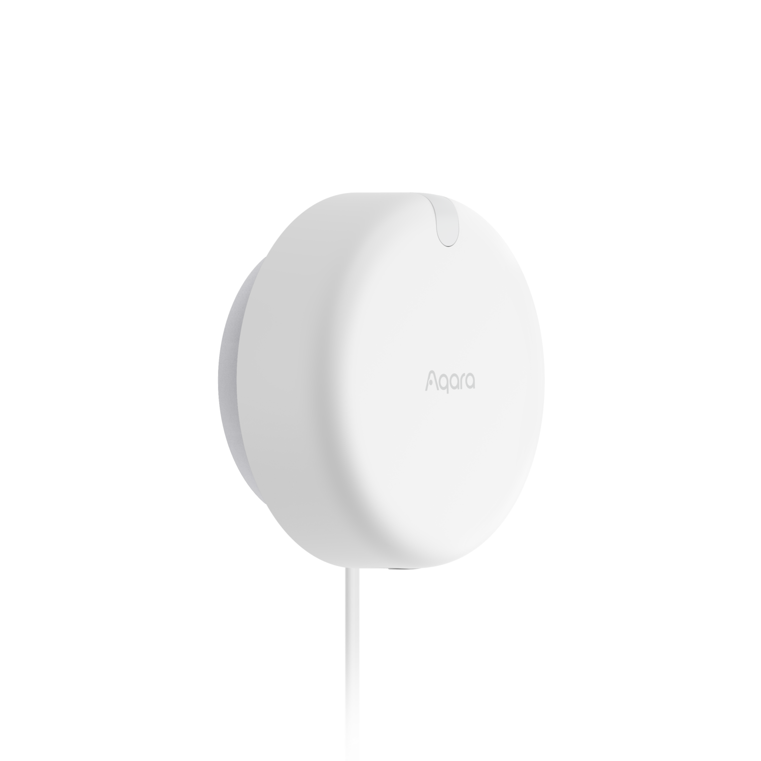 A white Aqara smart home device with a circular design and a thin white cable, set against a black background.