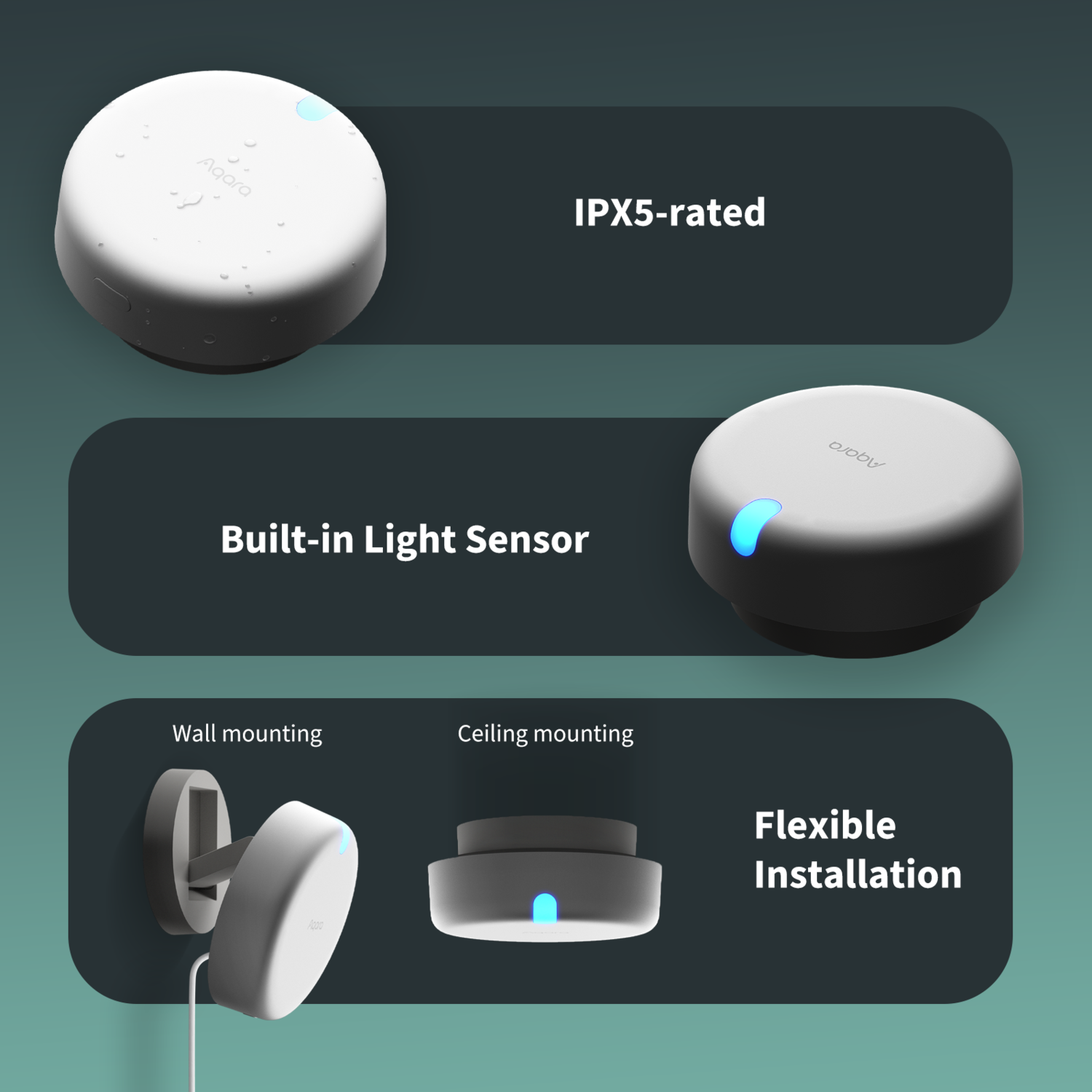 White round device with blue light. Text mentions IPX5 rating, built-in light sensor, and flexible installation options: wall or ceiling.