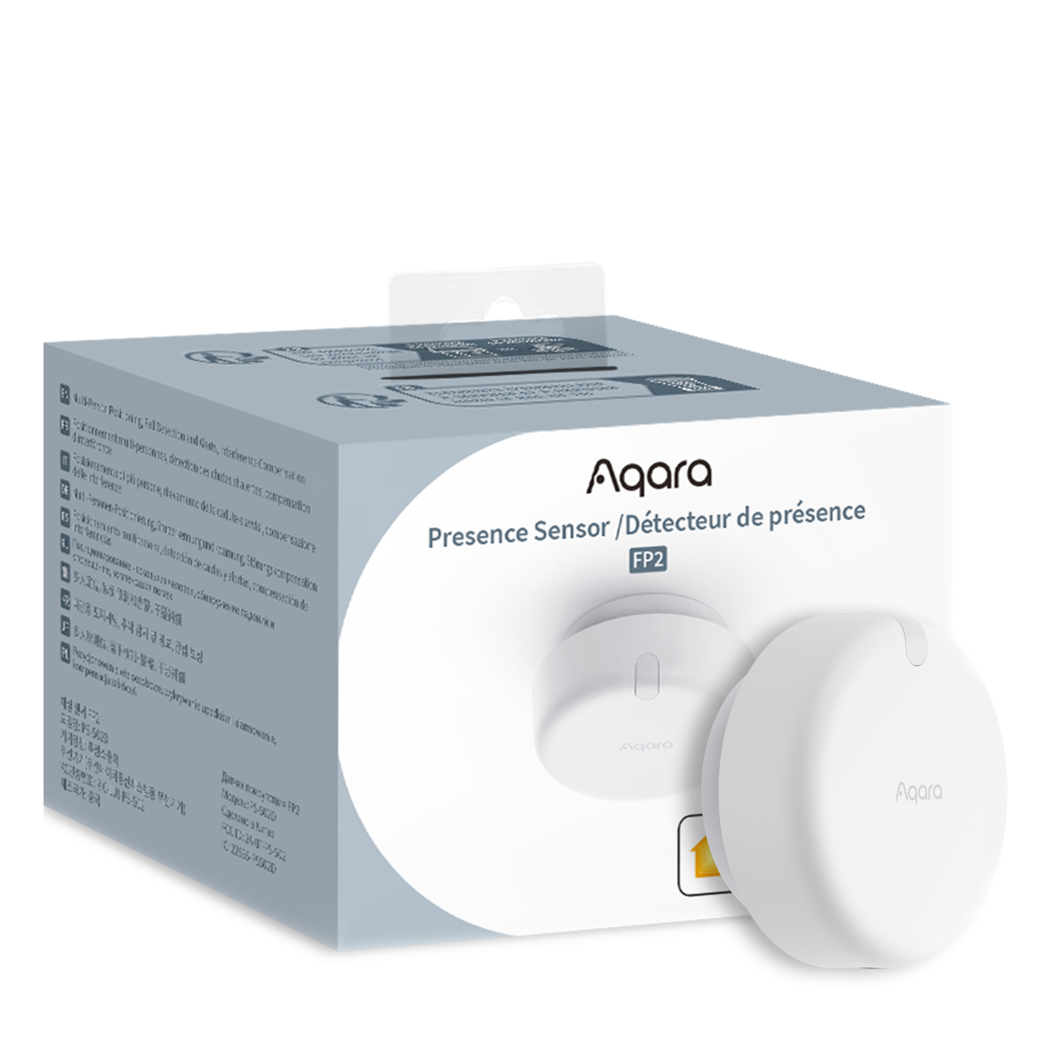 A white Aqara Presence Sensor FP2 box and sensor. The box has text in multiple languages.